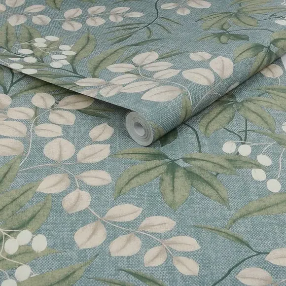 Easy Persephone Leafy Floral Wallpaper - Duck Egg Blue alternate view