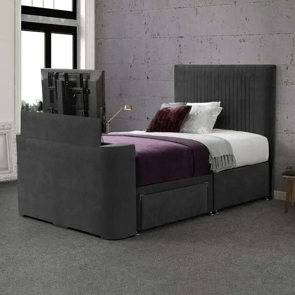 Gaia TV Bed with Vertical Pleated Headboard - Charcoal, Luxy Fabric