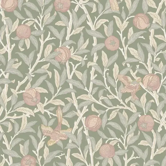 Bird Pomegranate Rose Garden Wallpaper - Green alternate view