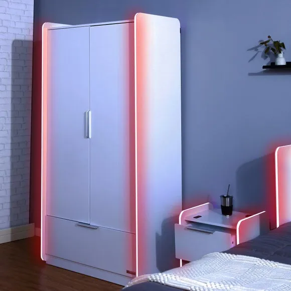 2-Door Wardrobe with LED Lights - White, Wood by Dunelm, alternate view