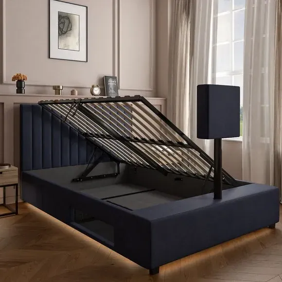 Ottoman TV Bed Frame with LED - Navy, Velvet by Dunelm, image 6
