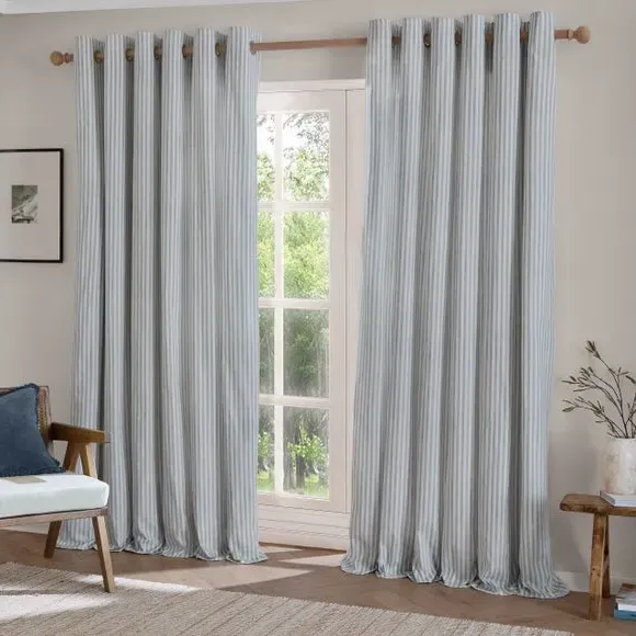 Hebden Striped Eyelet Curtains - Mineral Blue, Cotton alternate view