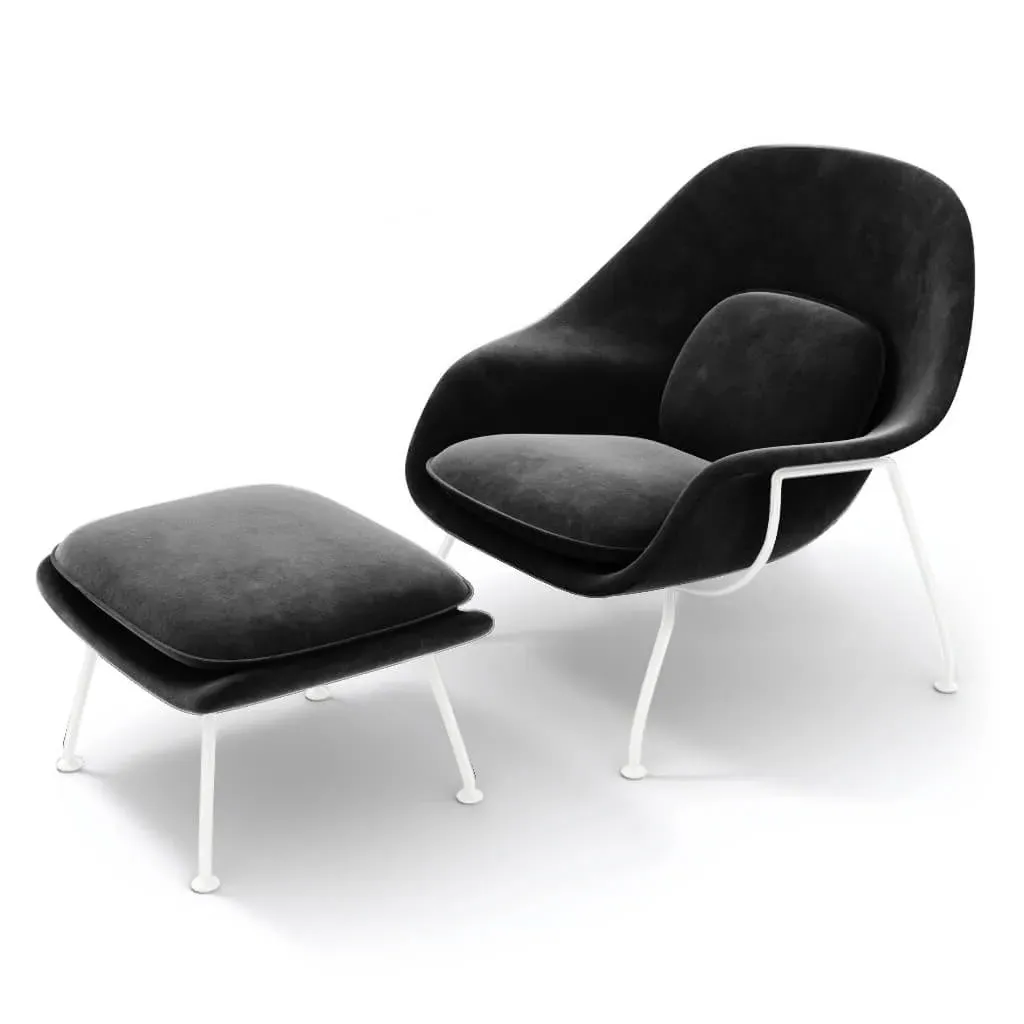 Womb Chair & Ottoman White Powder-Coated Legs - Black, Chenille product