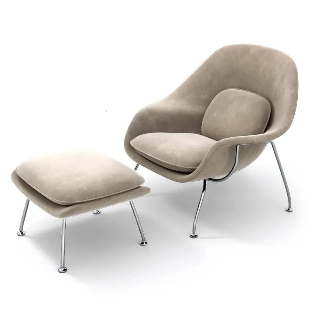 Womb Chair & Ottoman with Chrome Legs - Beige Grey, Chenille product