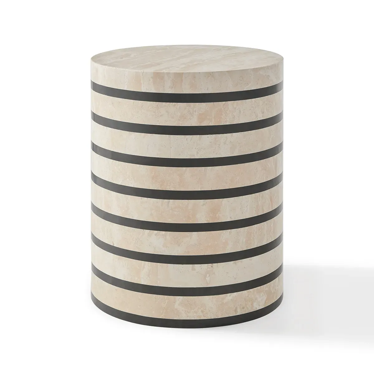 Adler Striped Cylinder Drum Side Table - Travertine, Marble product