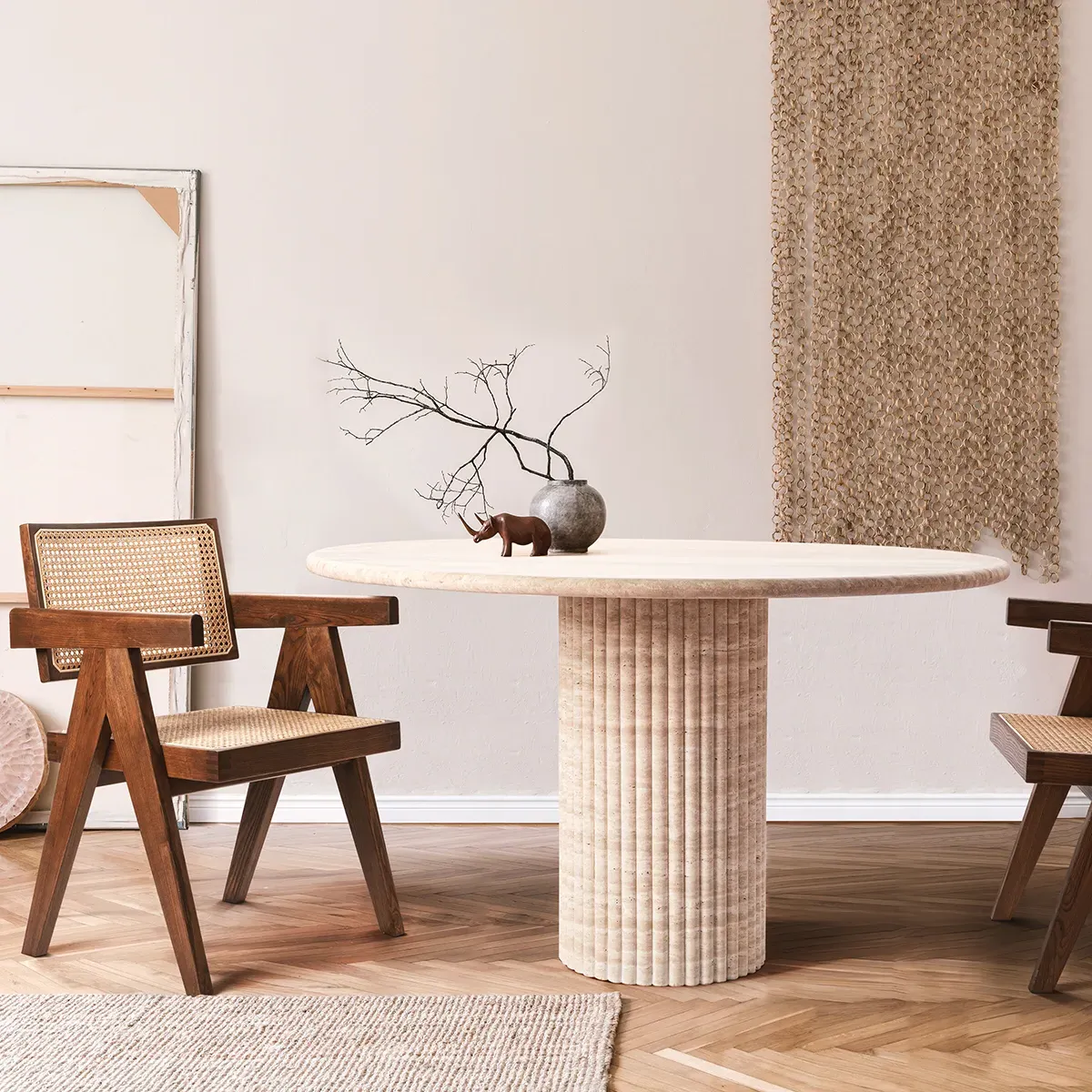 Cava Fluted Round Dining Table - Beige, Travertine product