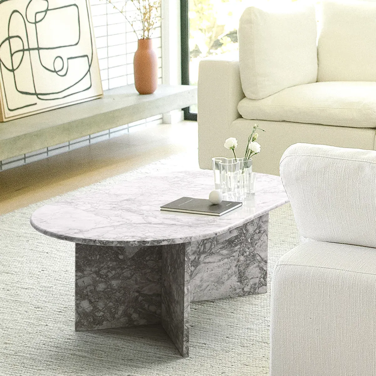 Laurent Oval Coffee Table with Angled Base - White Marble product