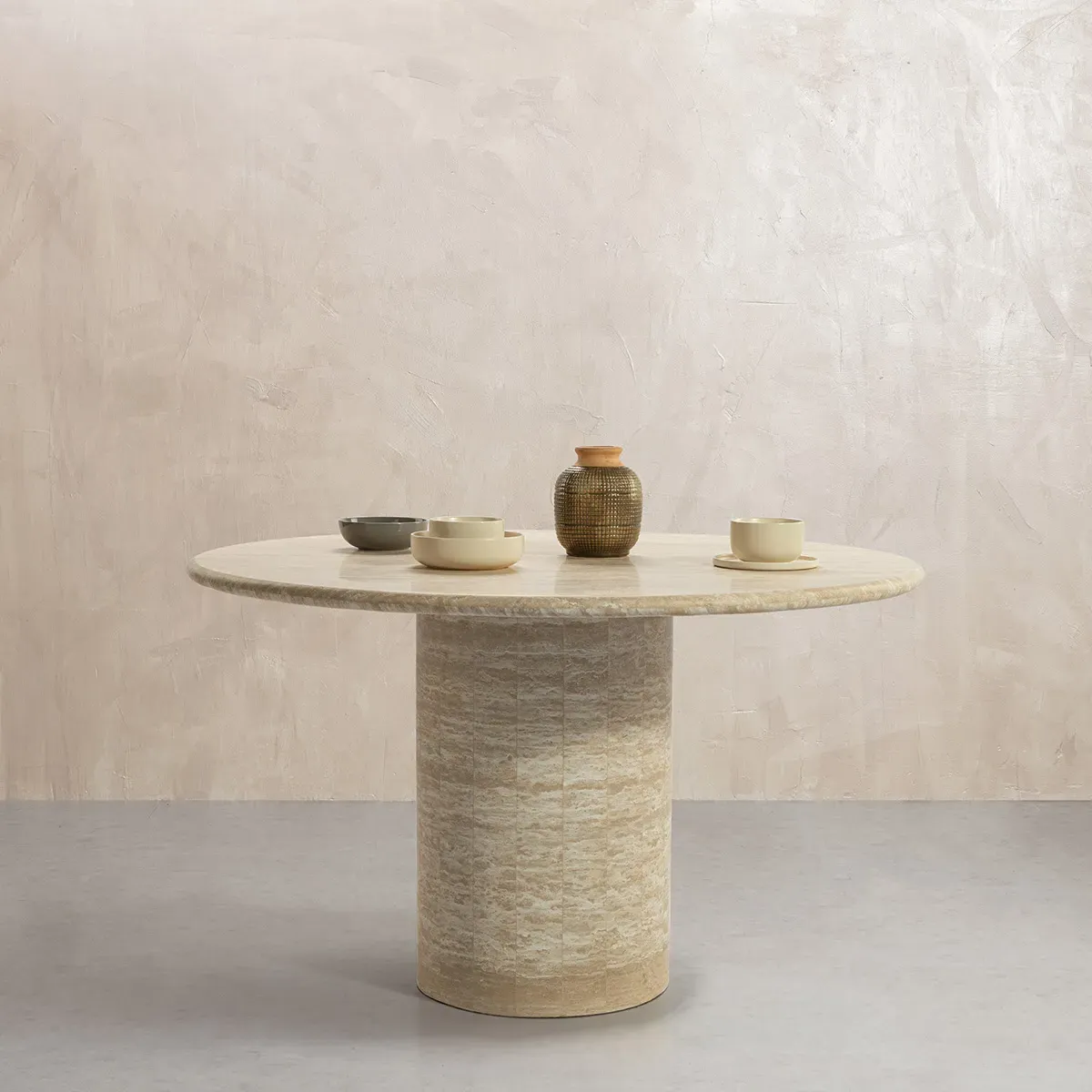 Cosette Round Dining Table with Cylinder Pedestal Base - Beige, Travertine product