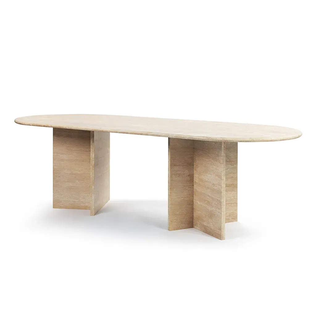 Sierra Oval Stone Dining Table with Angled Base - White Travertine product