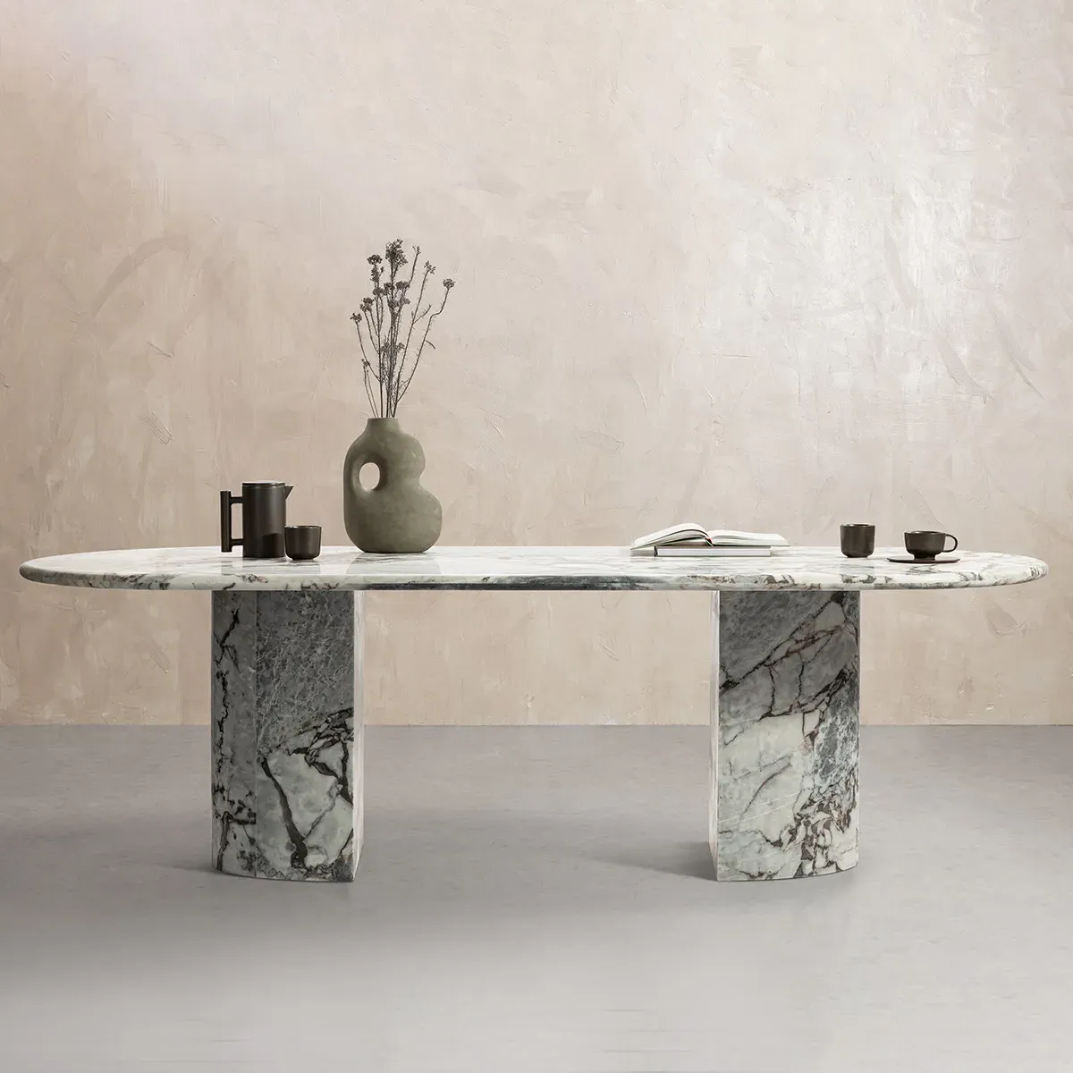 Milan Oval Stone Dining Table with Half Cylinder Legs - Galaxy Blue product
