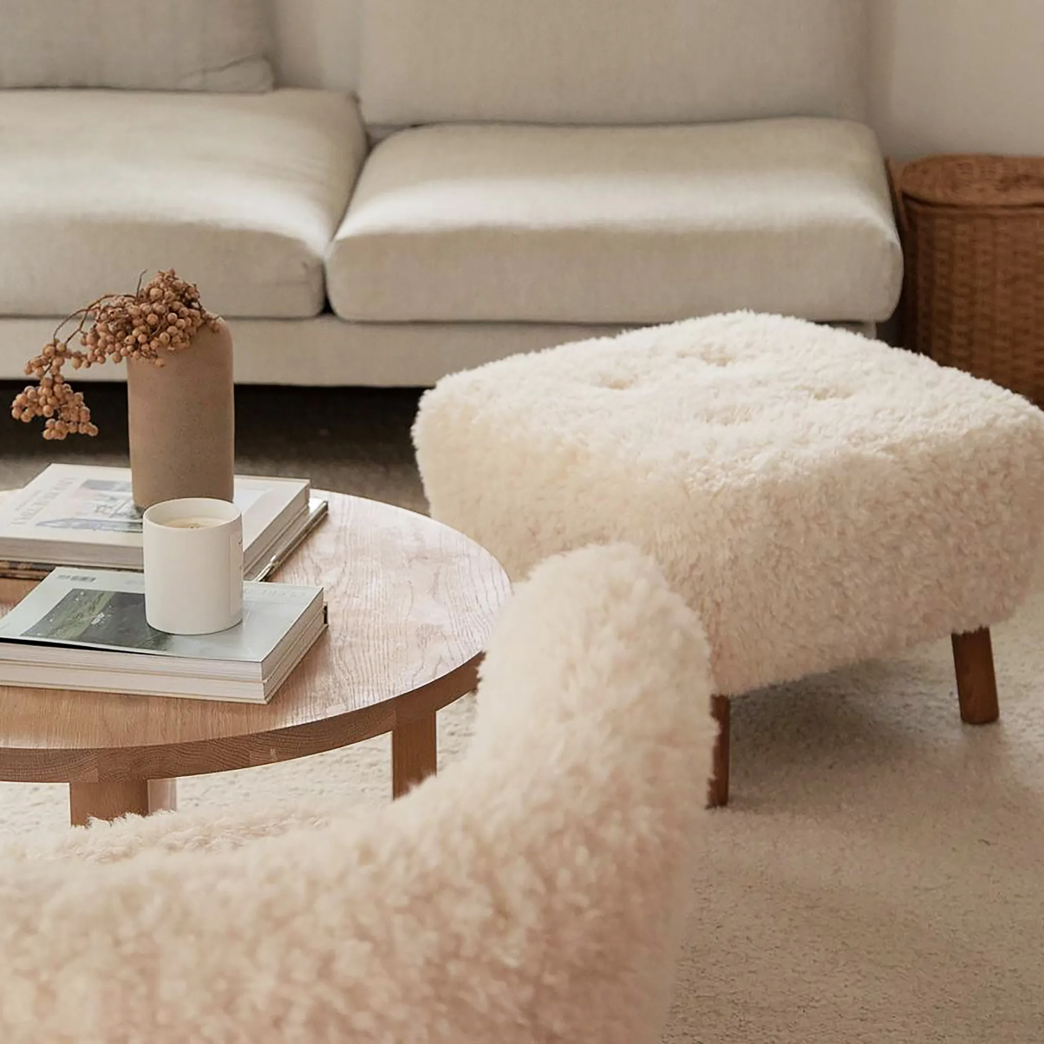 Little Sherpa Ottoman - Sheepskin Long Hair, Solid Oak product