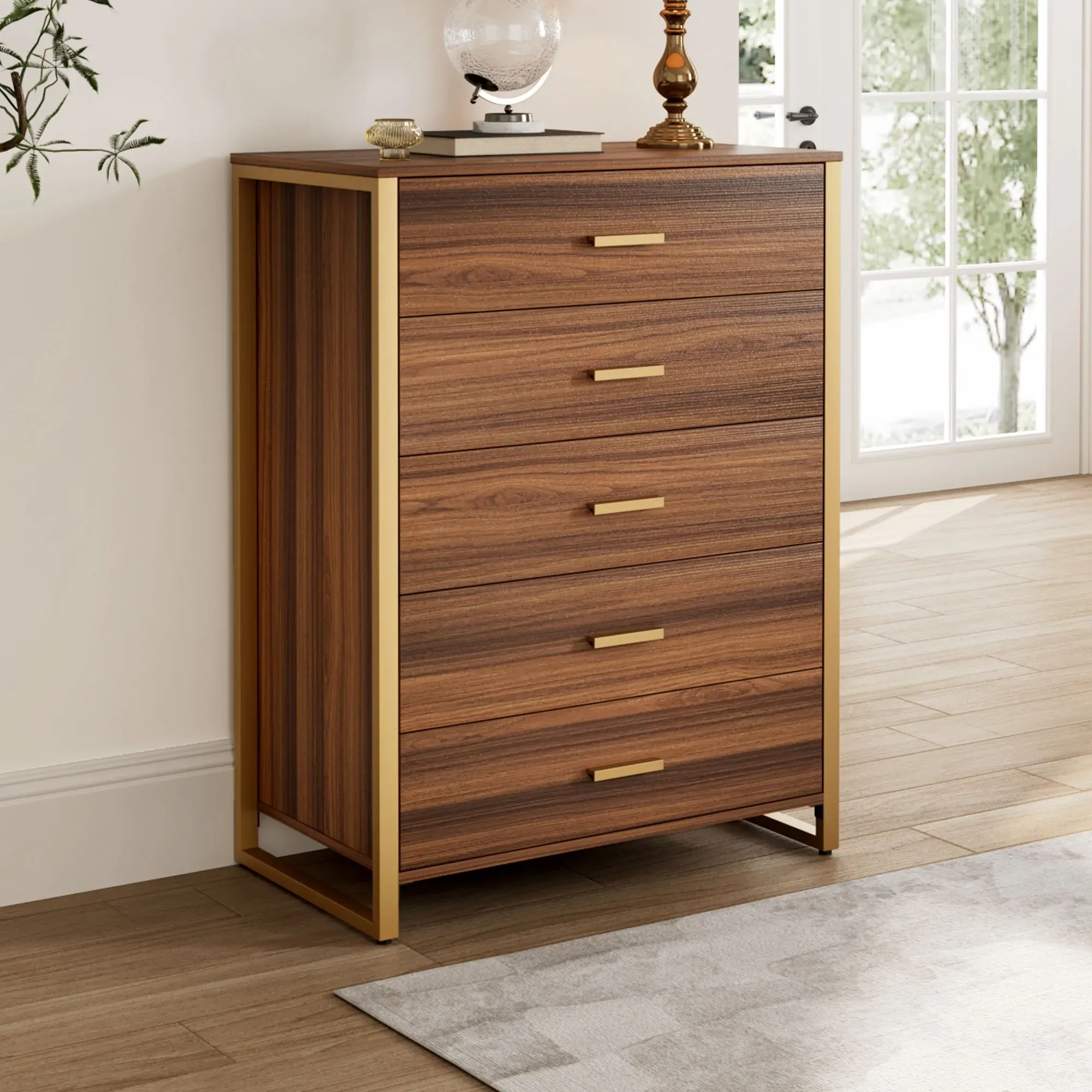 42" 5-Drawer Chest Dresser - Walnut, Brass