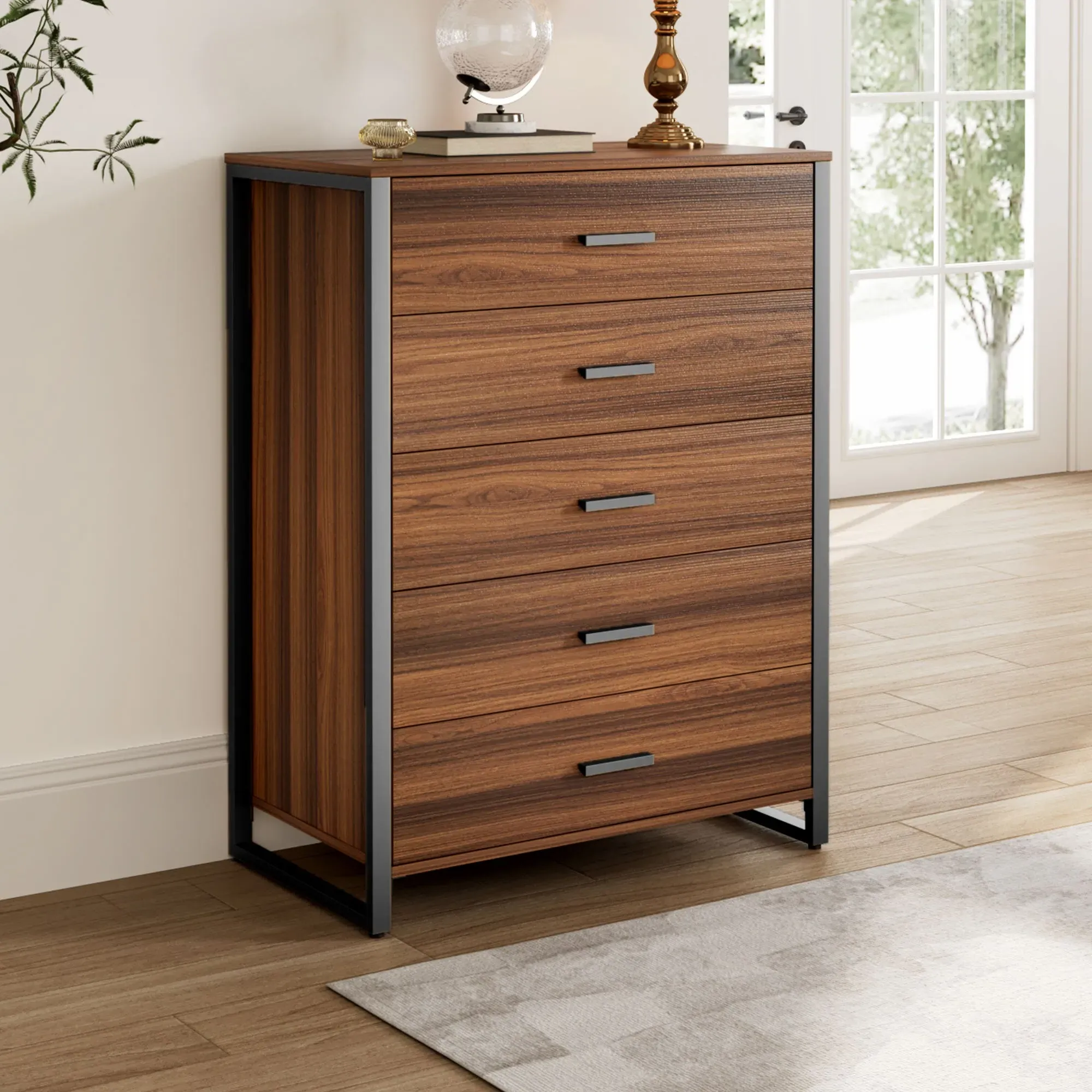 5-Drawer Dresser Chest - Walnut & Gray, Wood product
