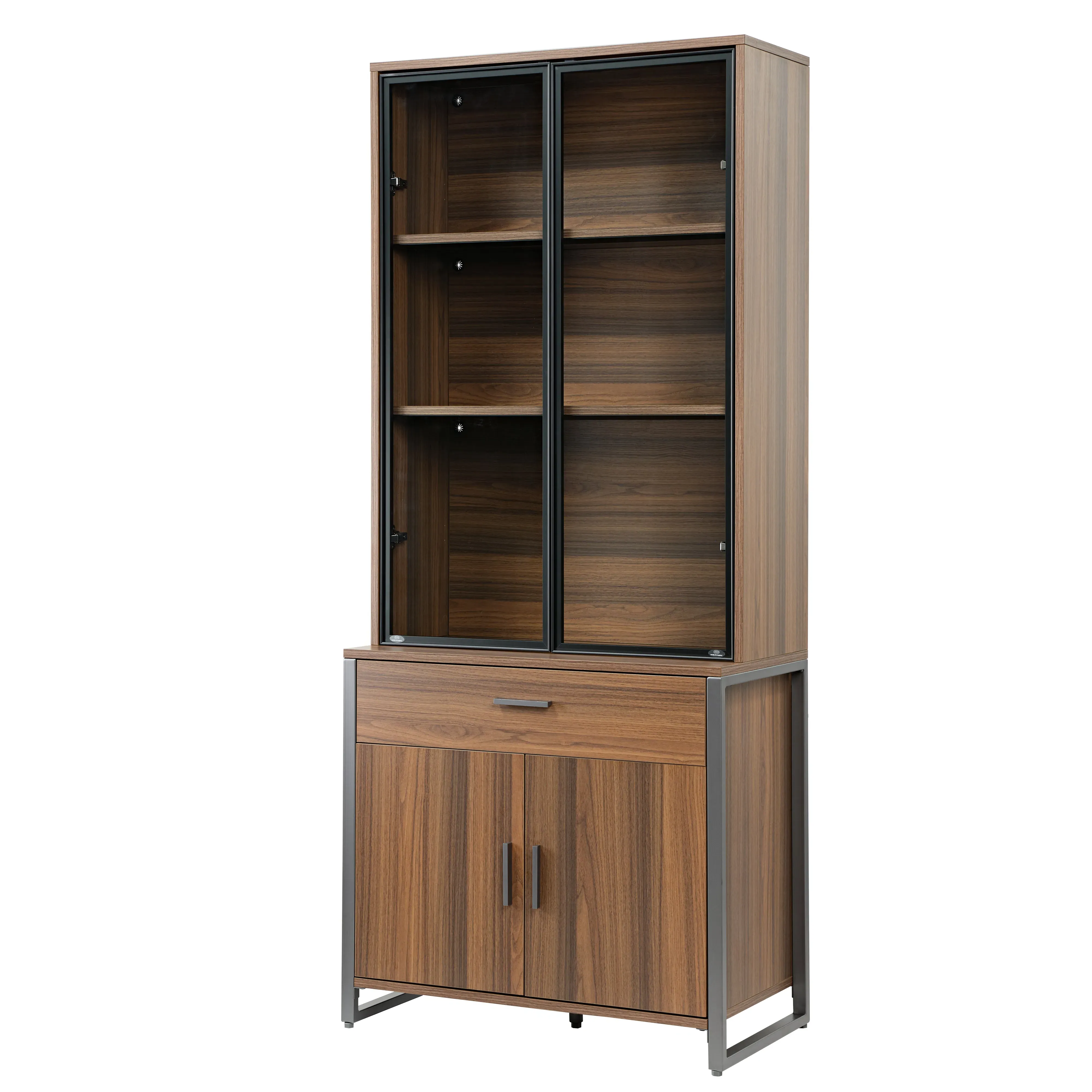 77'' Display Bookshelf with Glass Door and Storage - Walnut