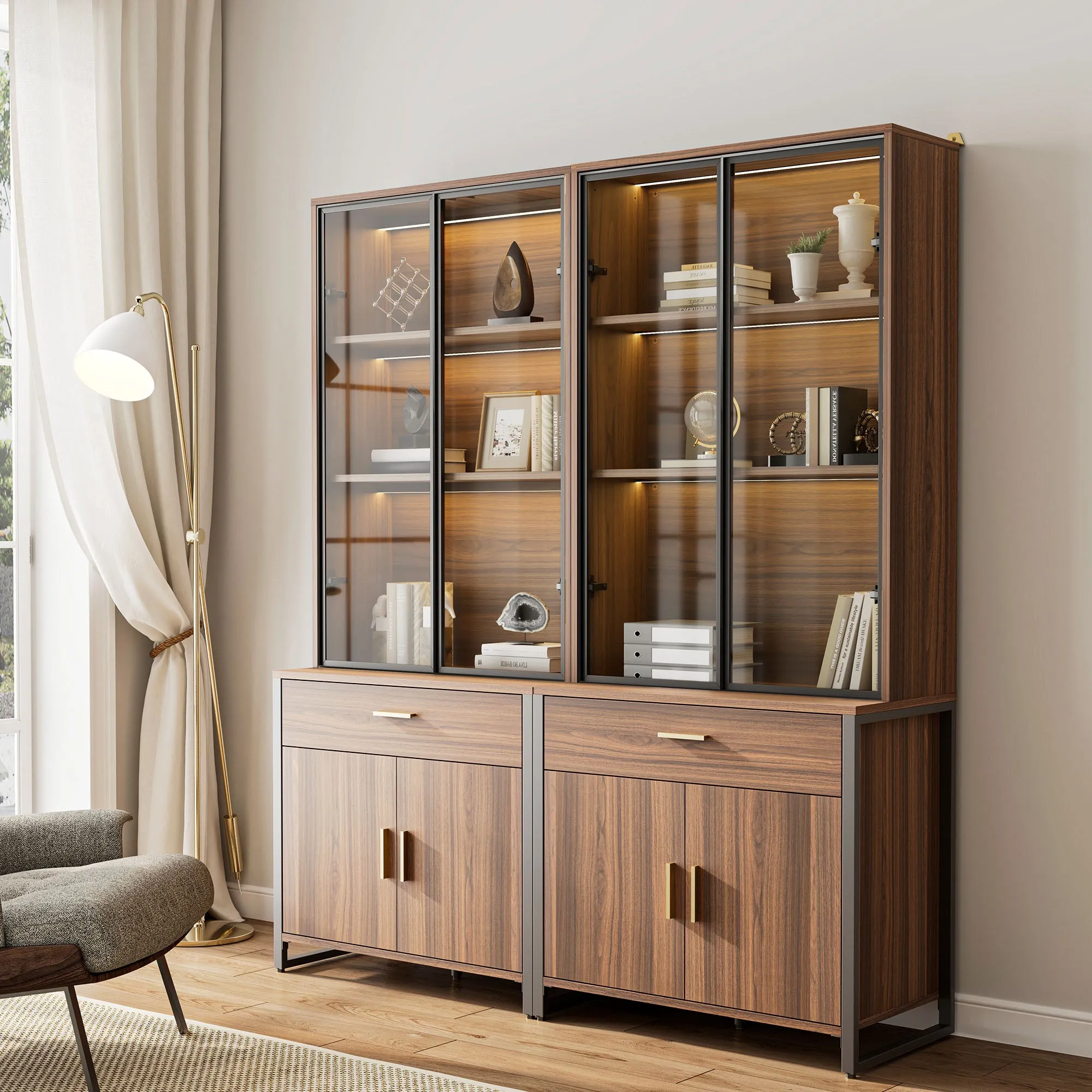 77'' Display Bookshelf with Glass Door and Storage - Walnut