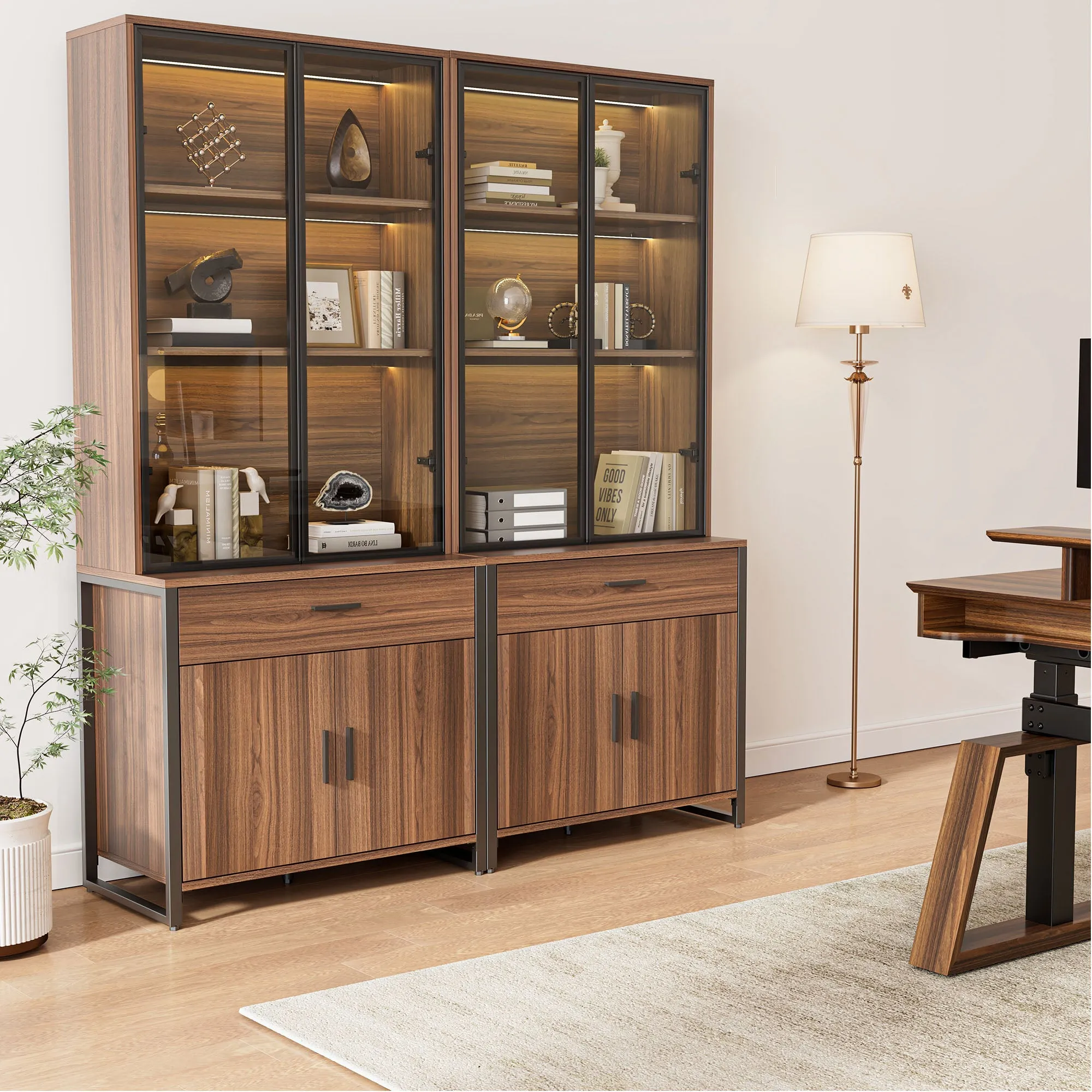 77'' Display Bookshelf with Glass Door and Storage - Walnut