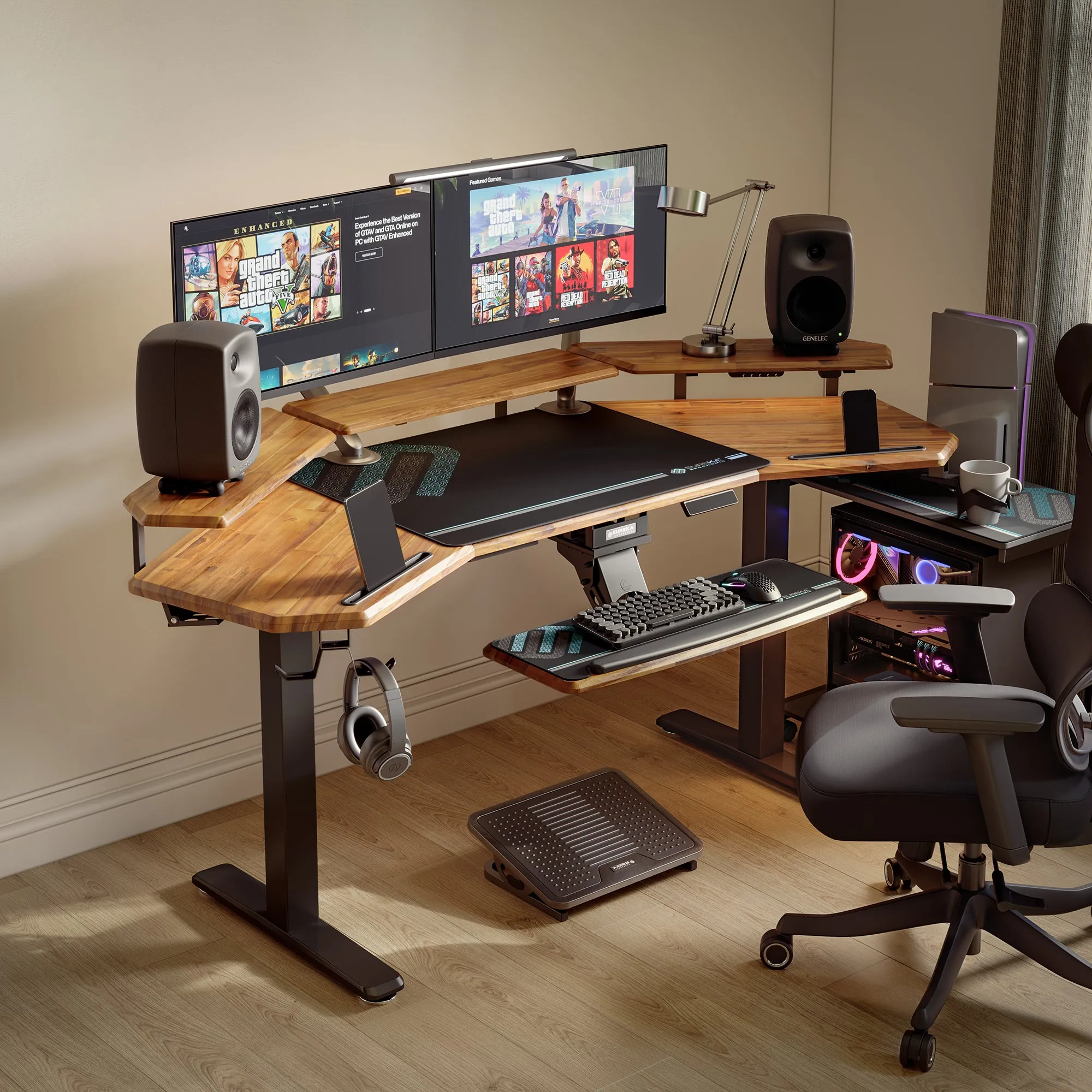 Aero Pro Wing Shaped Standing Desk with Accessories - Dark Acacia Wood