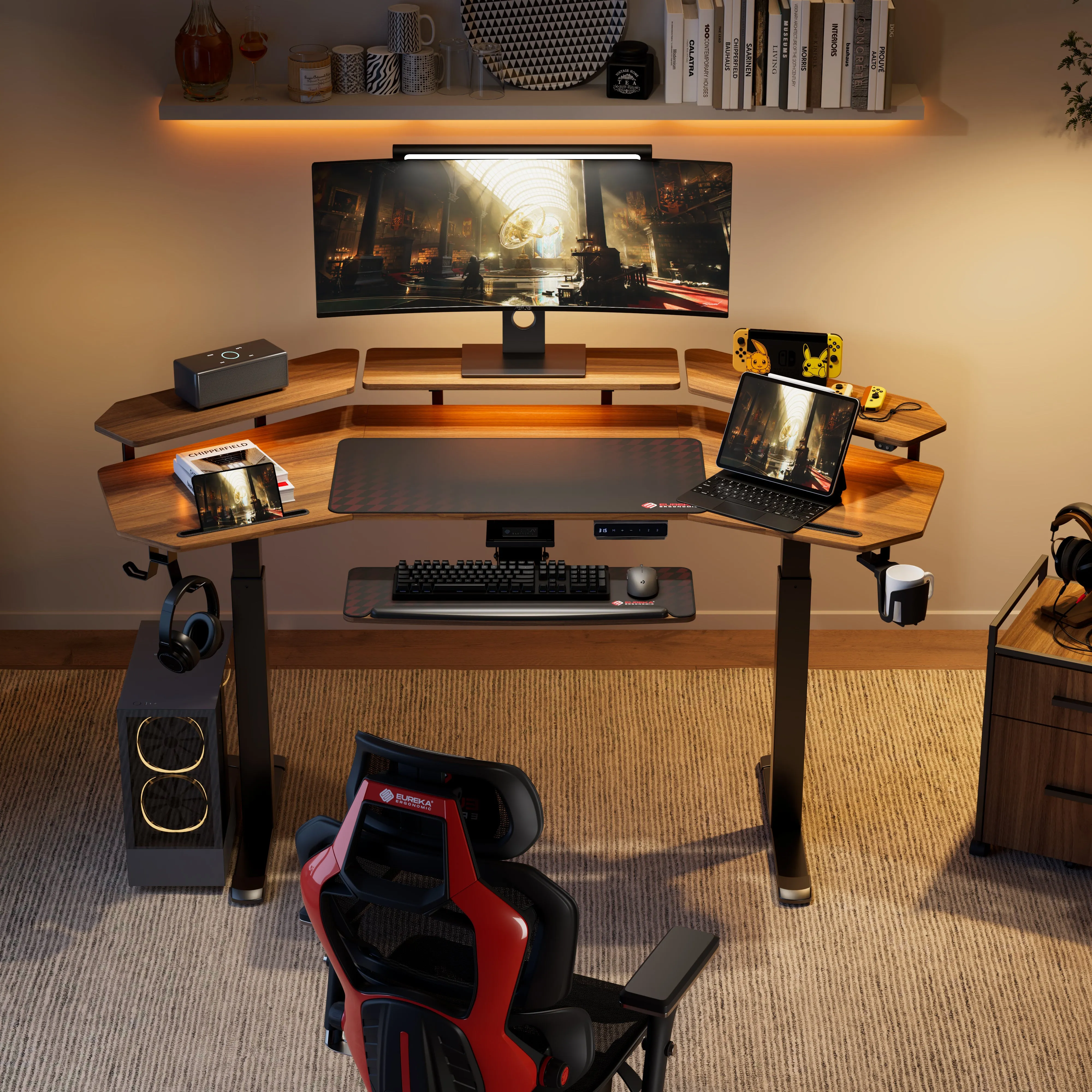 Aero Pro Wing Shaped Standing Desk with Accessories Set - Walnut