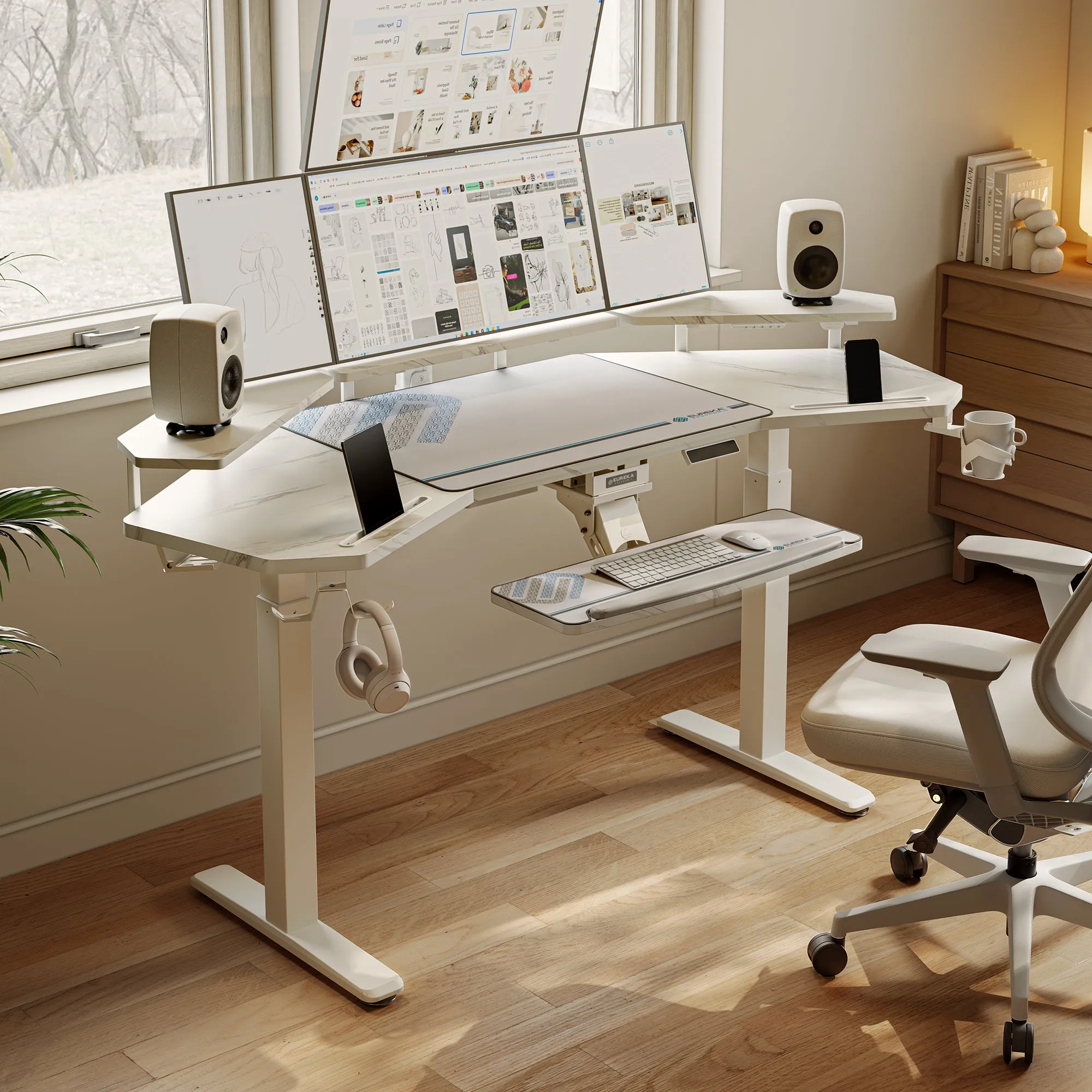 Aero Pro Wing Shaped Standing Desk with Accessories - Snow Faux Marble