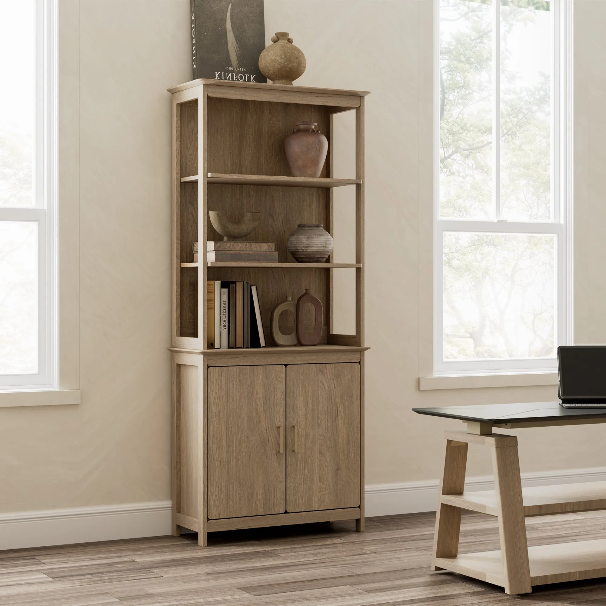 Ark EL 71" Display Bookshelf with Storage Cabinet - Oak