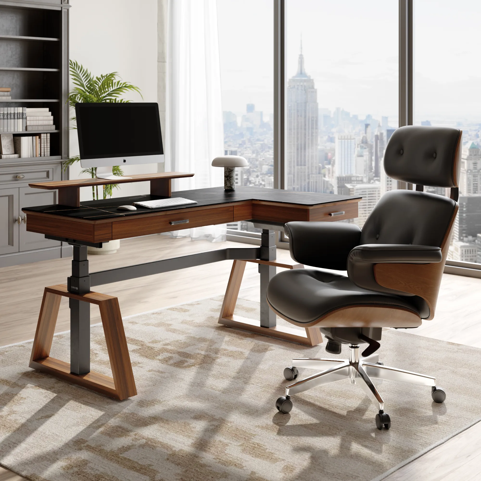 Ark L-Shaped Standing Desk & Executive Chair Set - Sintered Stone