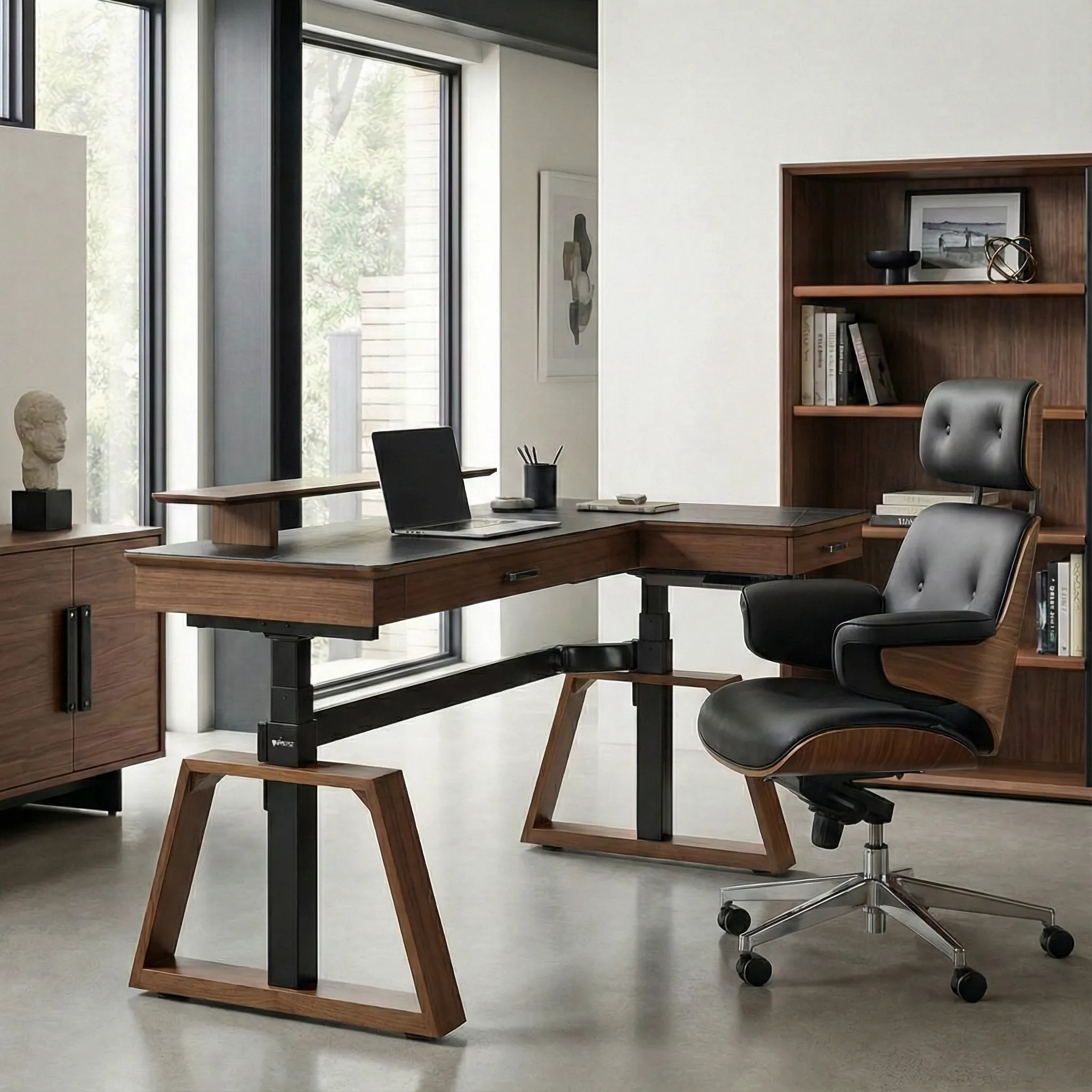 Ark L-Shaped Standing Desk & Executive Chair Set - Sintered Stone image
