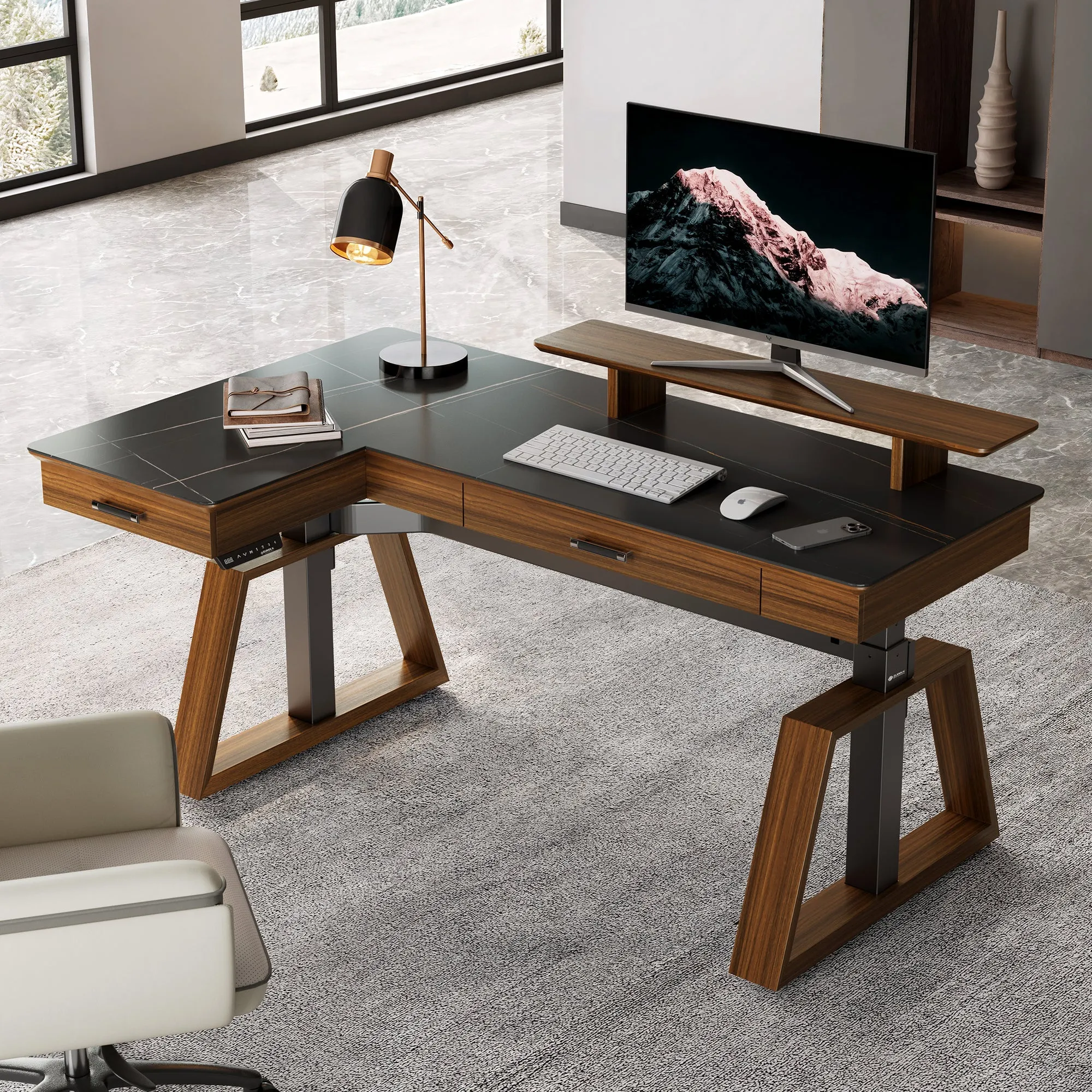 Ark Pro L-Shaped Standing Desk - Black, Sintered Stone