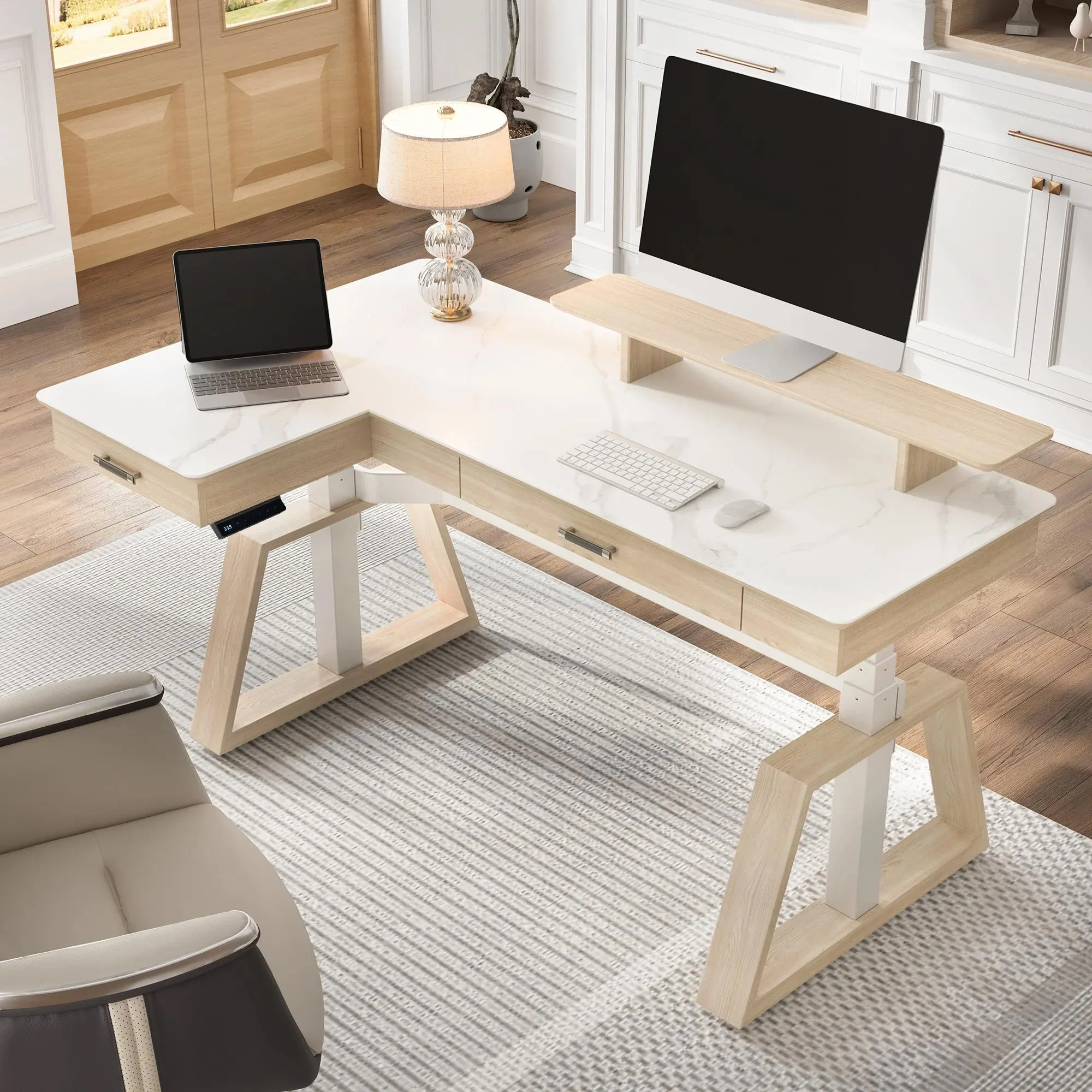 Ark Pro L-Shaped Standing Desk Left - White, Sintered Stone