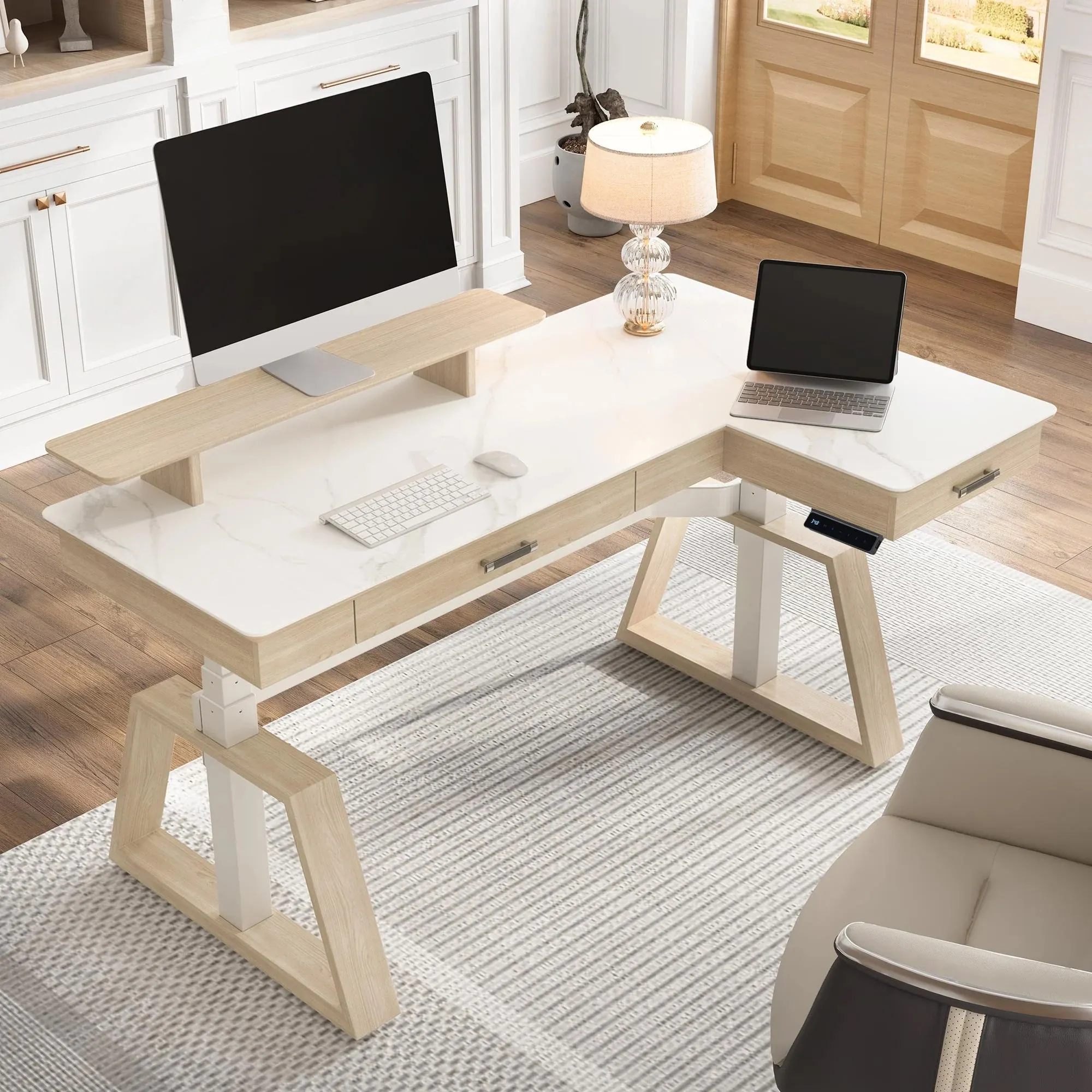 Ark Pro L-Shaped Standing Desk Right - White, Sintered Stone