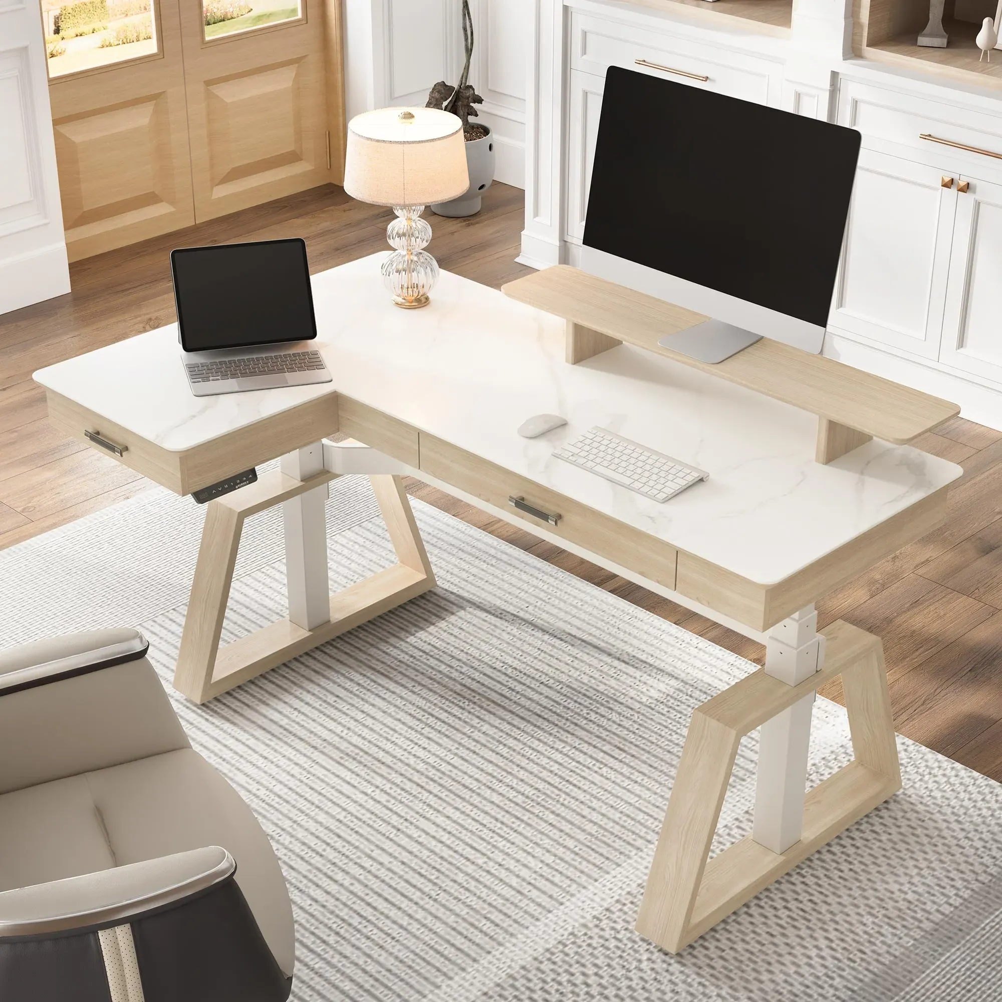 Ark Pro L-Shaped Standing Desk - White, Sintered Stone