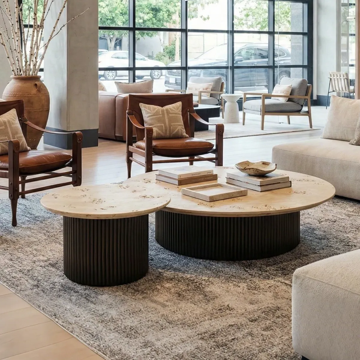 Birch Wood Veneer Round Coffee Table Set of 2 alternate view