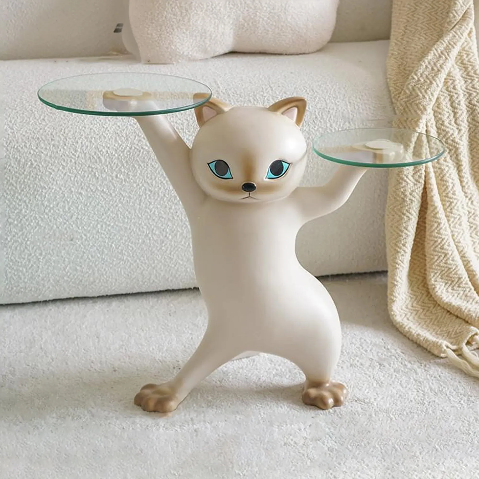 Cat Side Table with Double Glass Tray - Beige