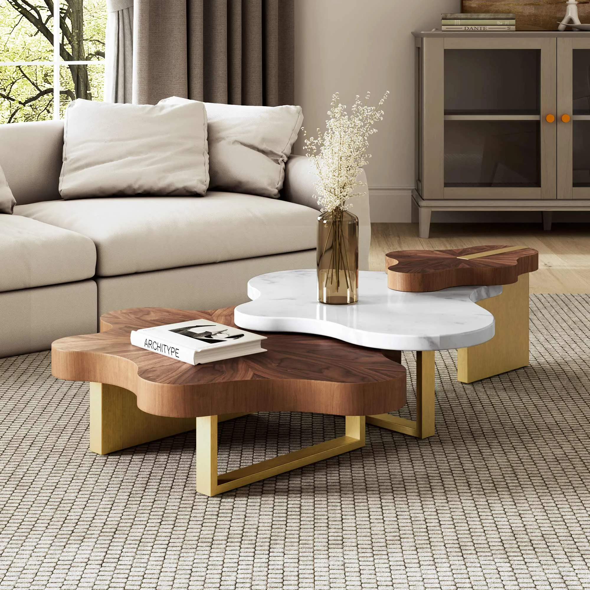 Cloud Shape Coffee Table Set - White, Walnut