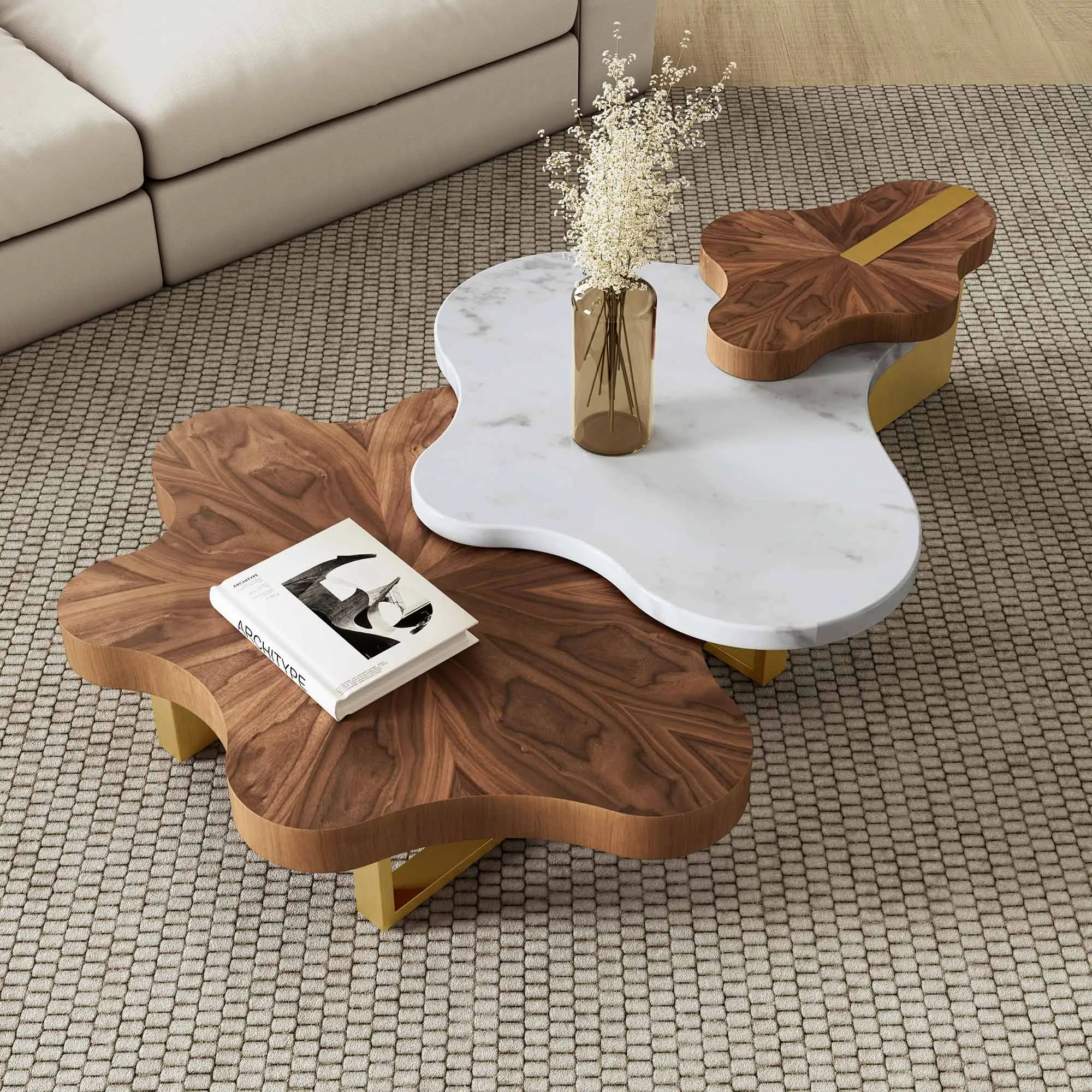 Cloud Shape Coffee Table Set - White, Walnut