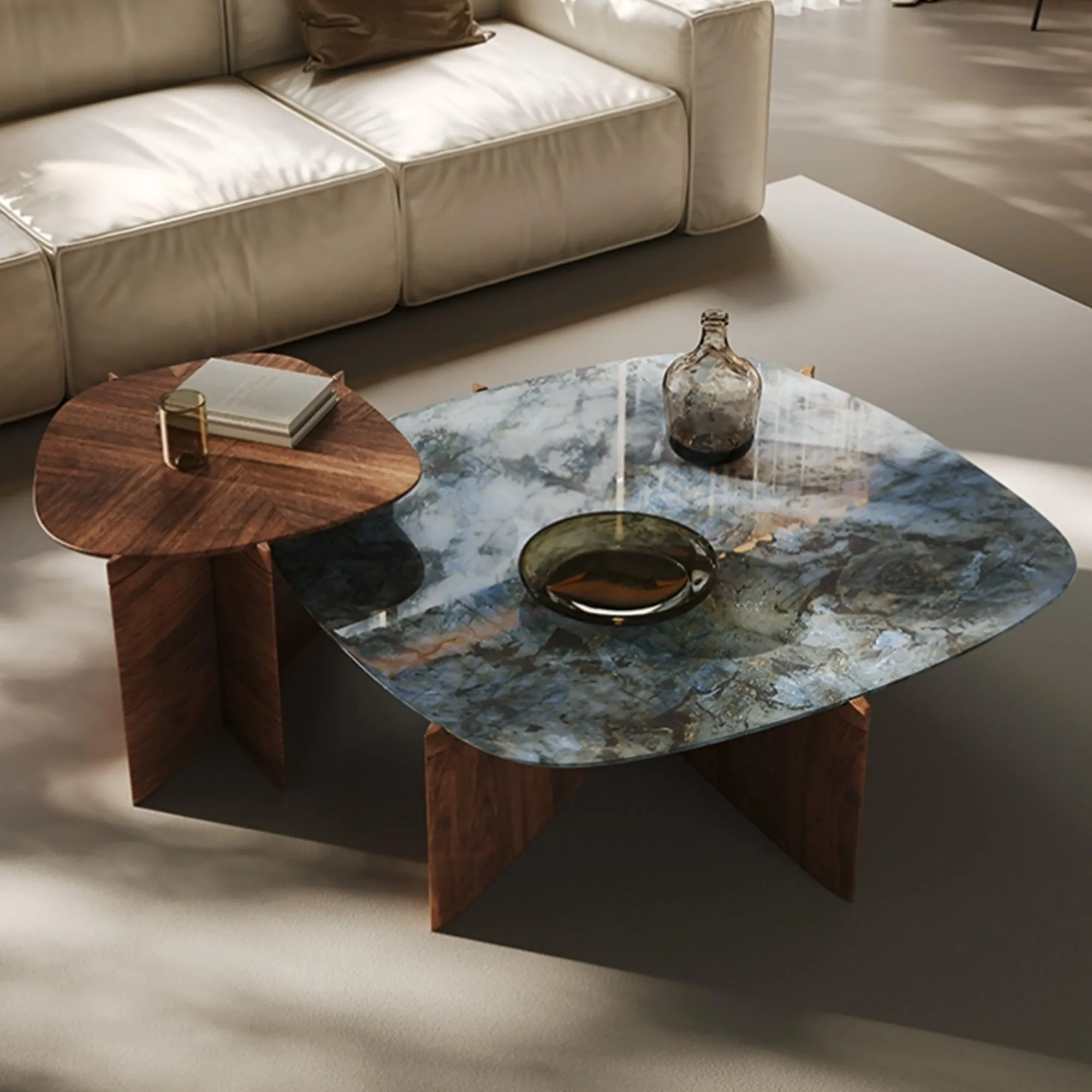 CT04 Irregular Coffee Table Set - Blue Jade Marble, Walnut