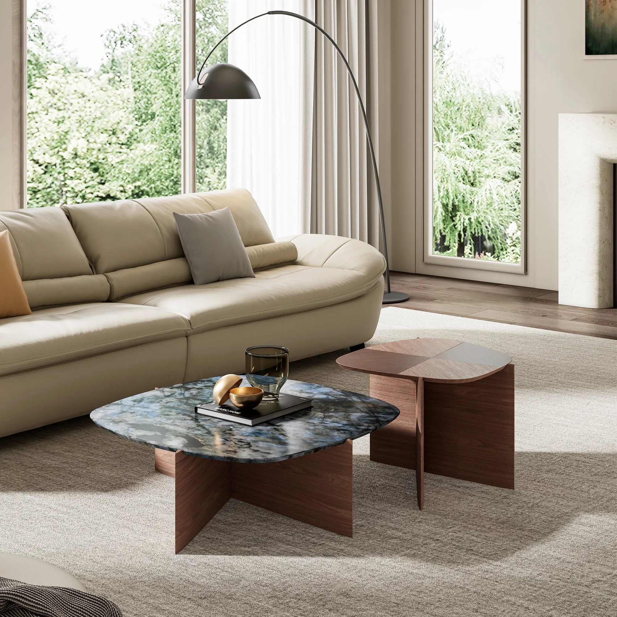 CT04 Irregular Coffee Table Set - Blue Jade Marble, Walnut