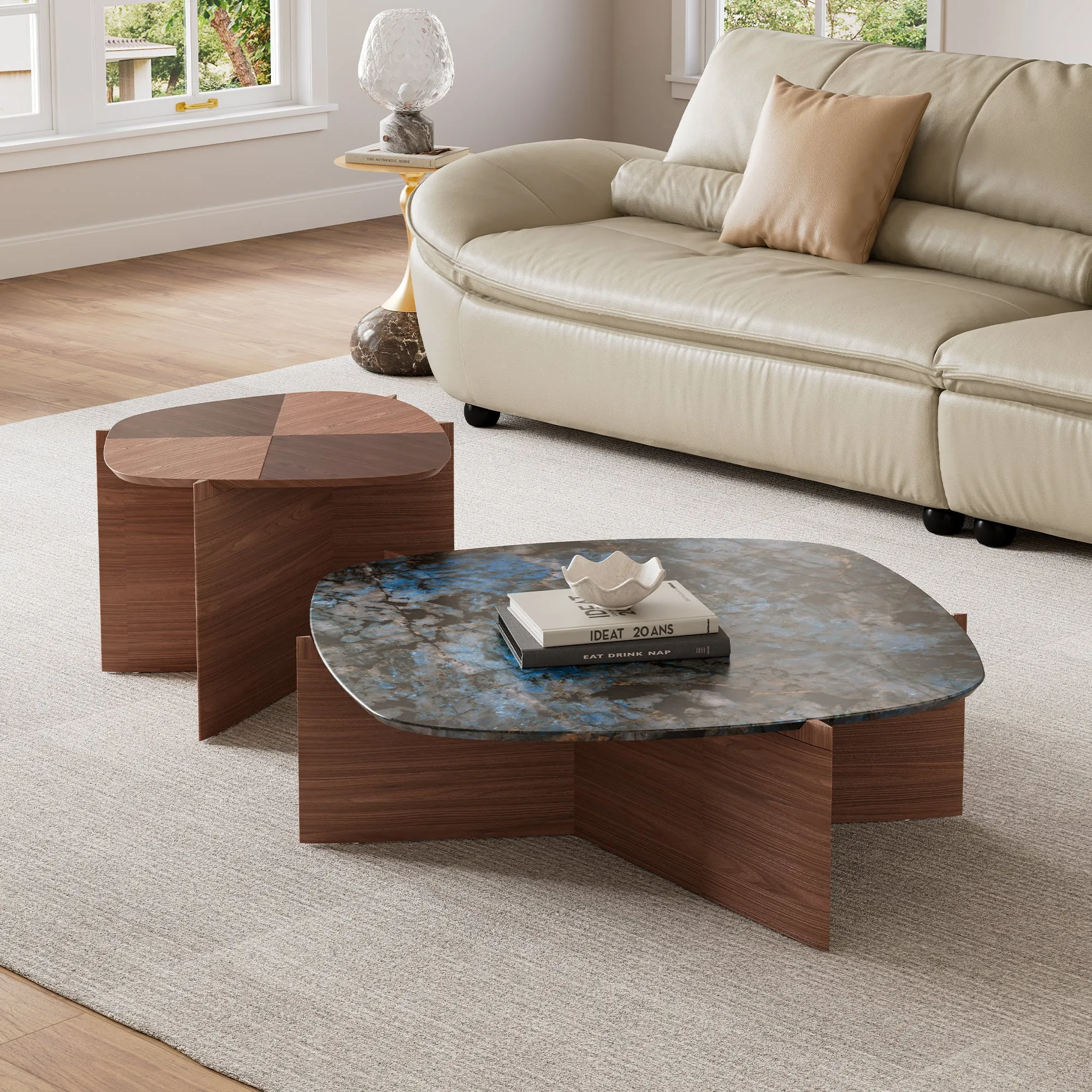 CT04 Irregular Coffee Table Set - Blue Jade Marble, Walnut