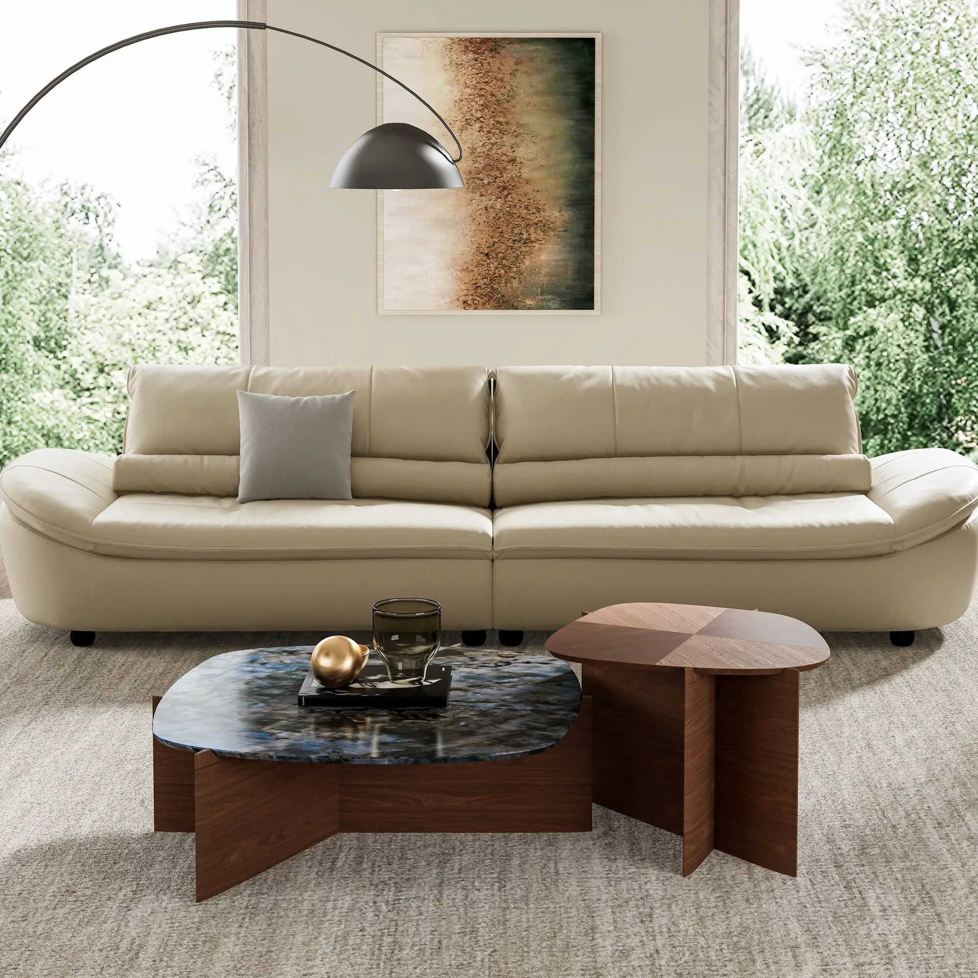 CT04 Irregular Coffee Table Set - Blue Jade Marble, Walnut