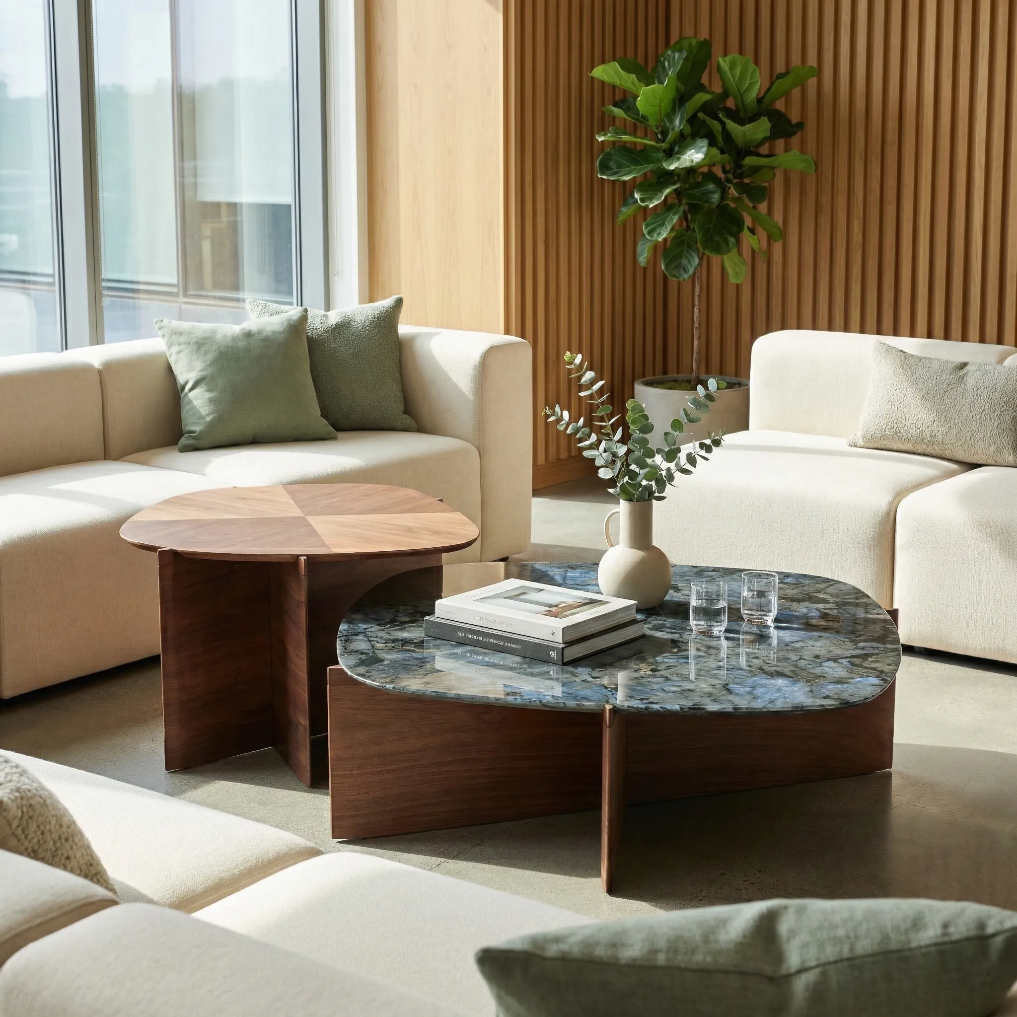 CT04 Irregular Coffee Table with Side Table Set - Walnut, Blue Jade Marble alternate view