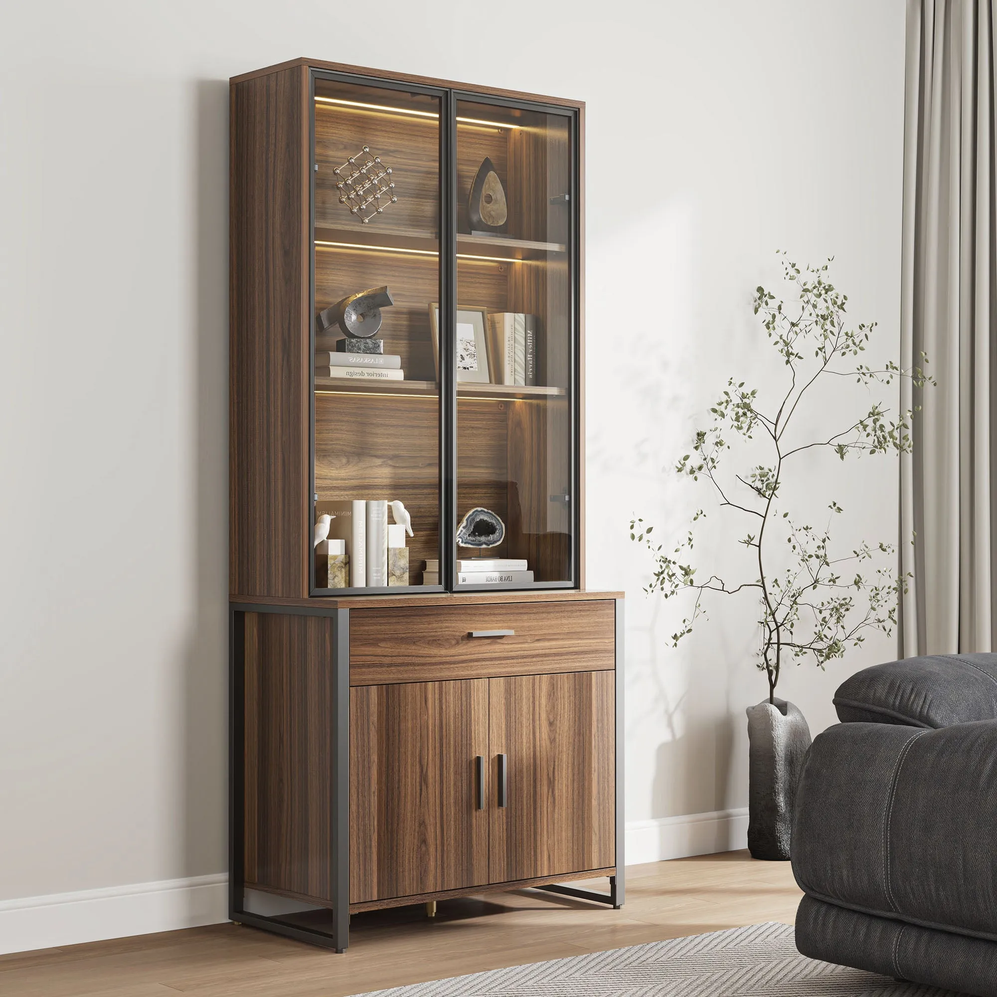 Eureka Ergonomic Display Bookshelf with Glass Door - Walnut & Gray product