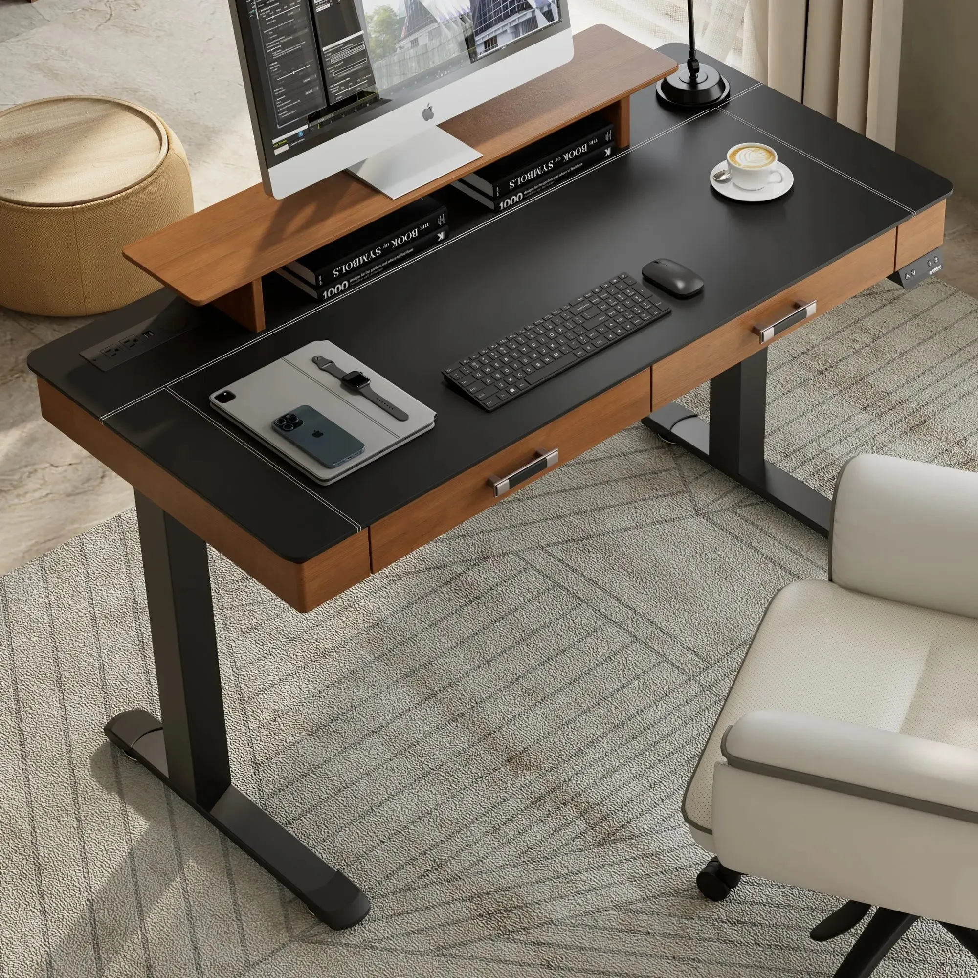 Faux Saddle Leather Adjustable Standing Desk - Brown image