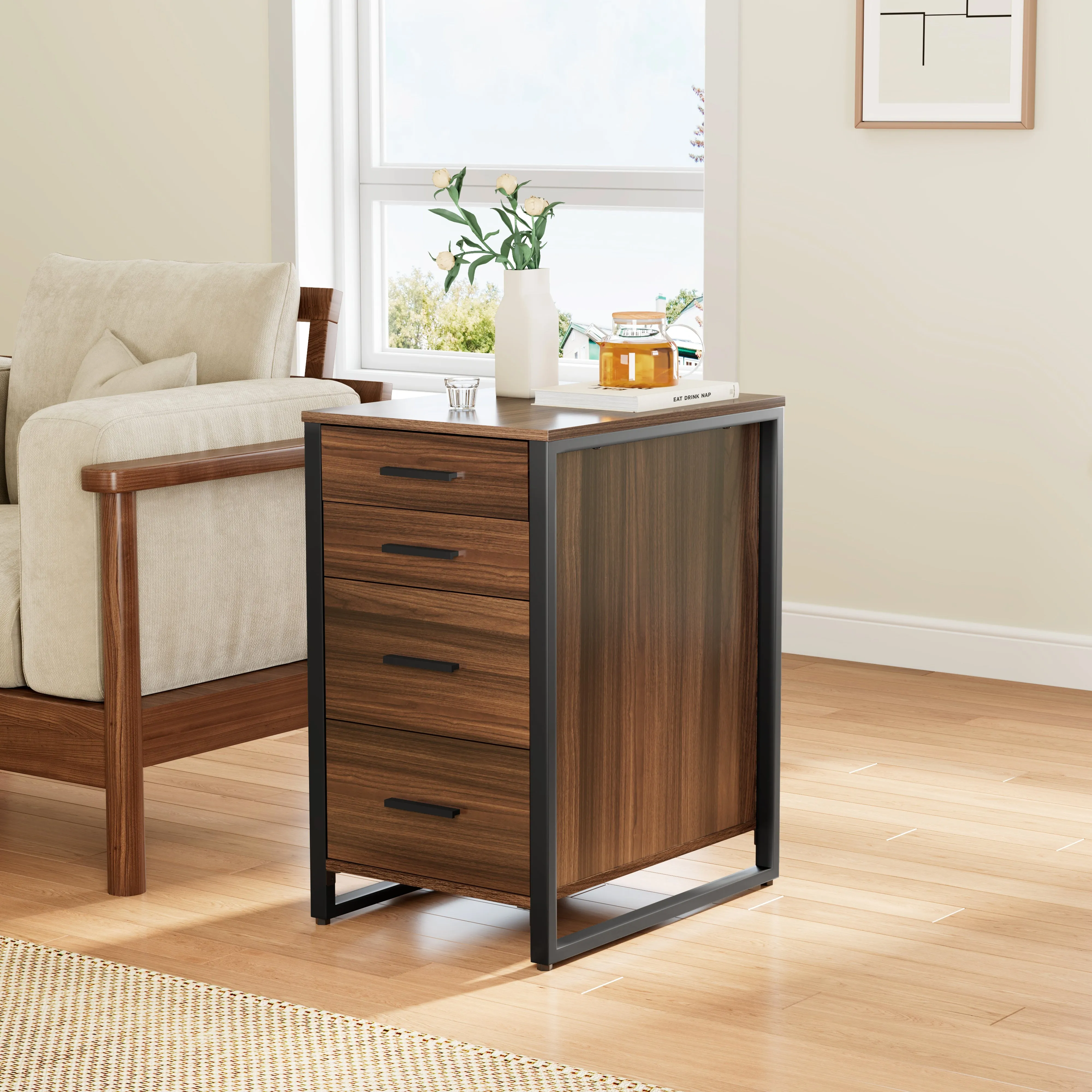 Four-Drawer File Storage Cabinet - Walnut