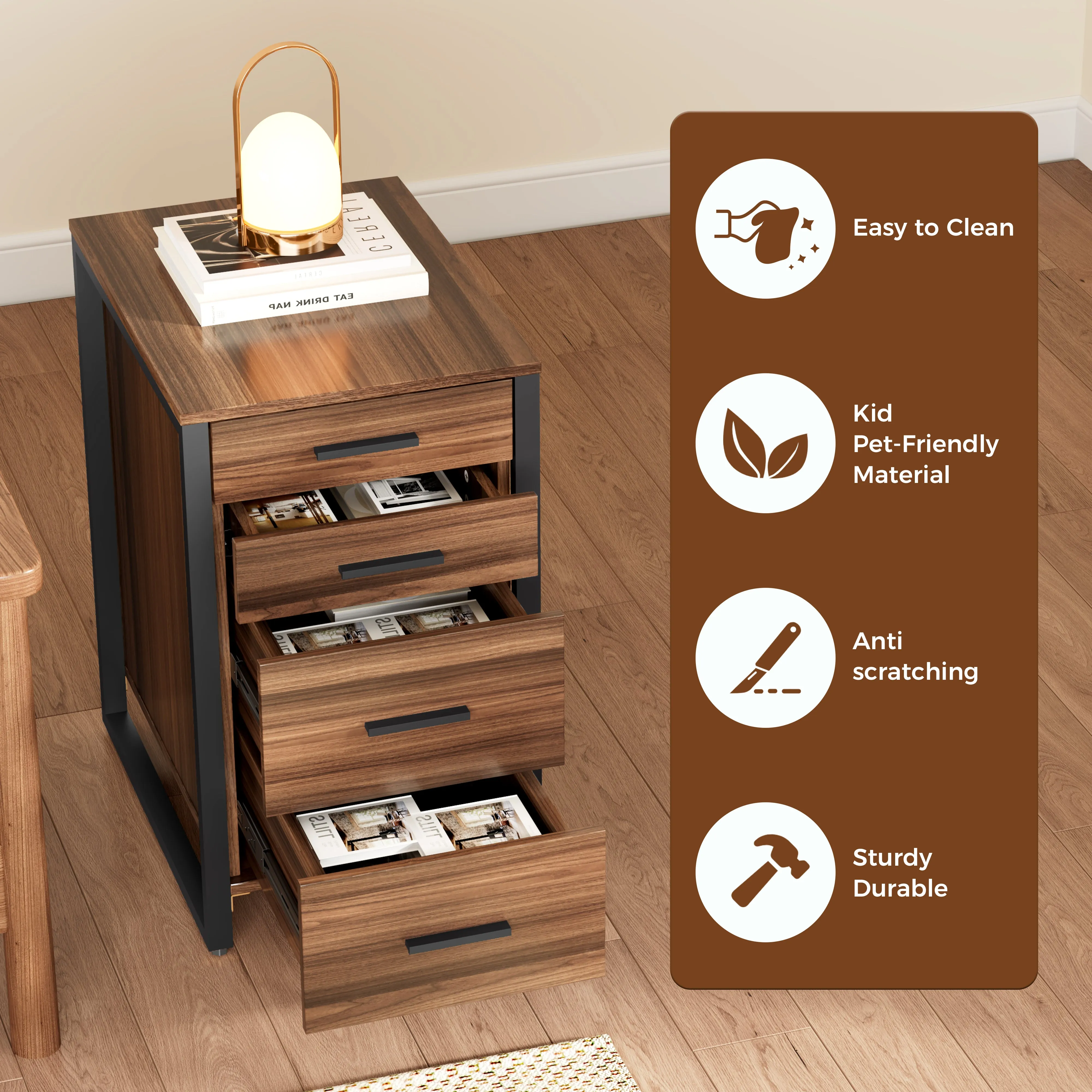 Four-Drawer File Storage Cabinet - Walnut