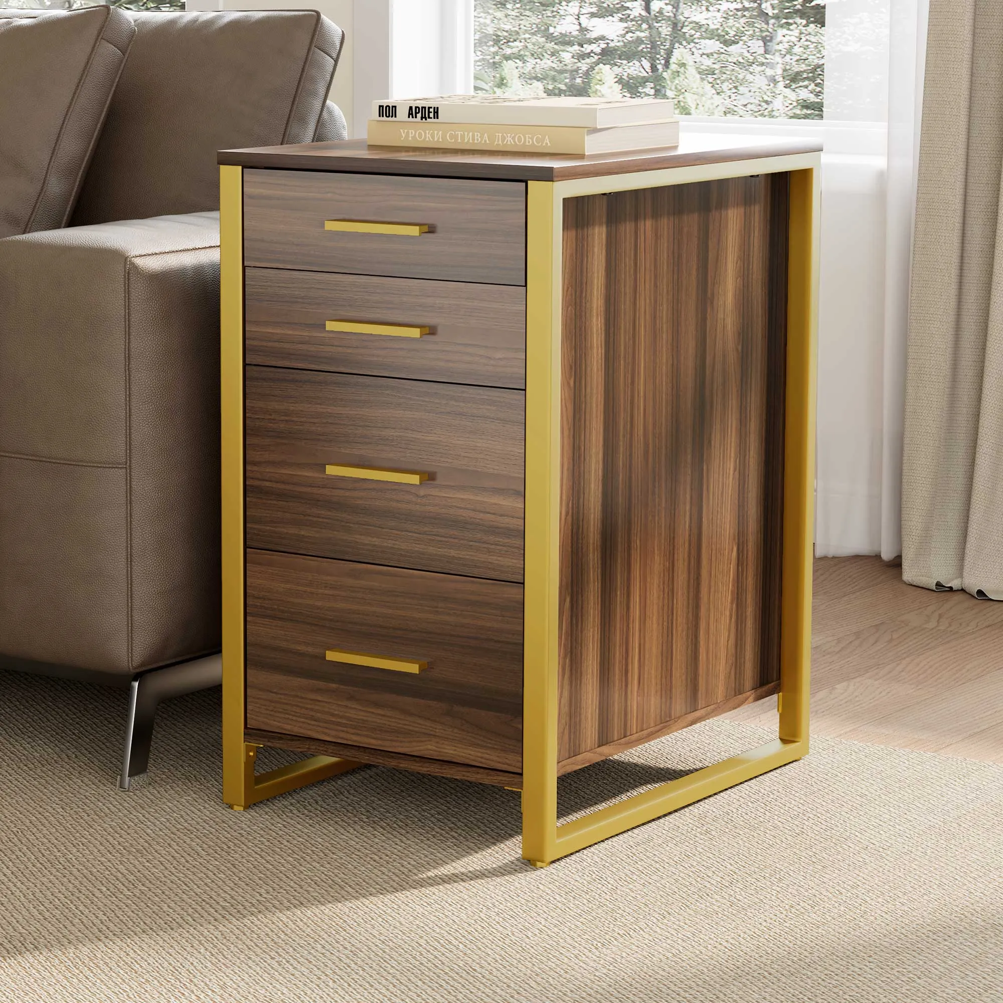 Four-Drawer File Storage Cabinet - Walnut, Brass