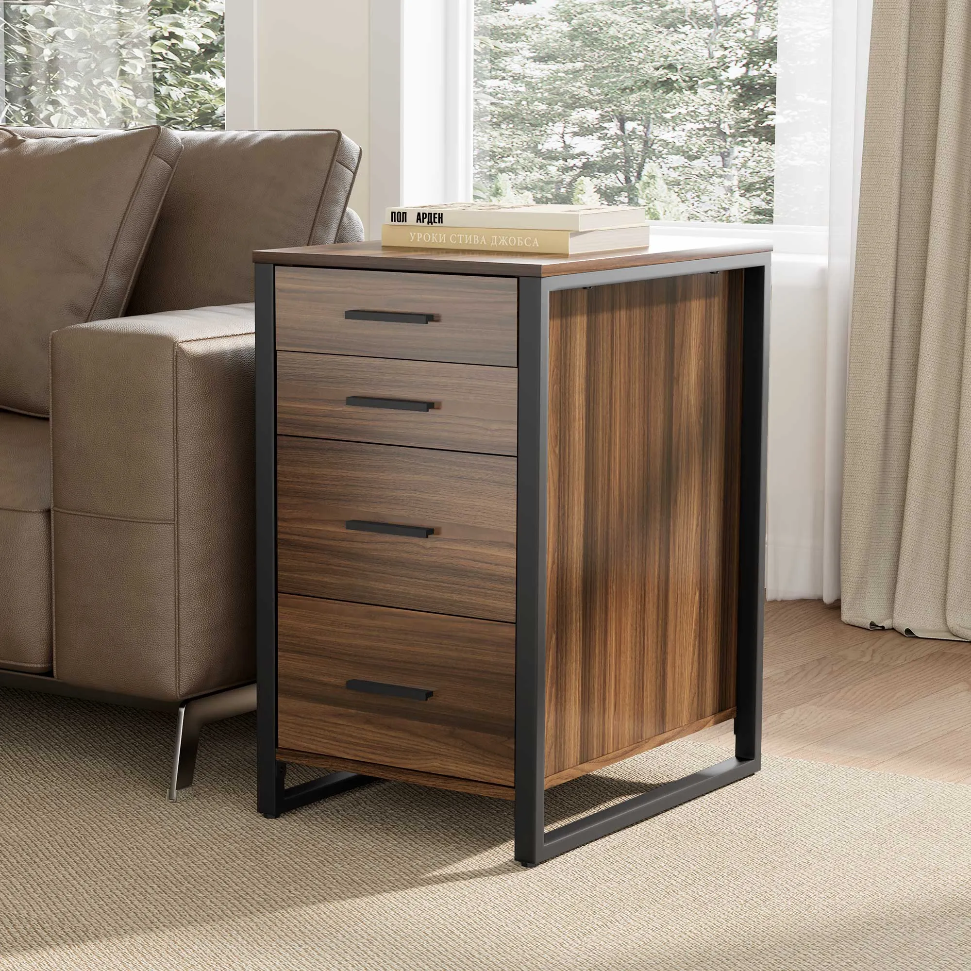 Four-Drawer File Storage Cabinet - Walnut, Gray