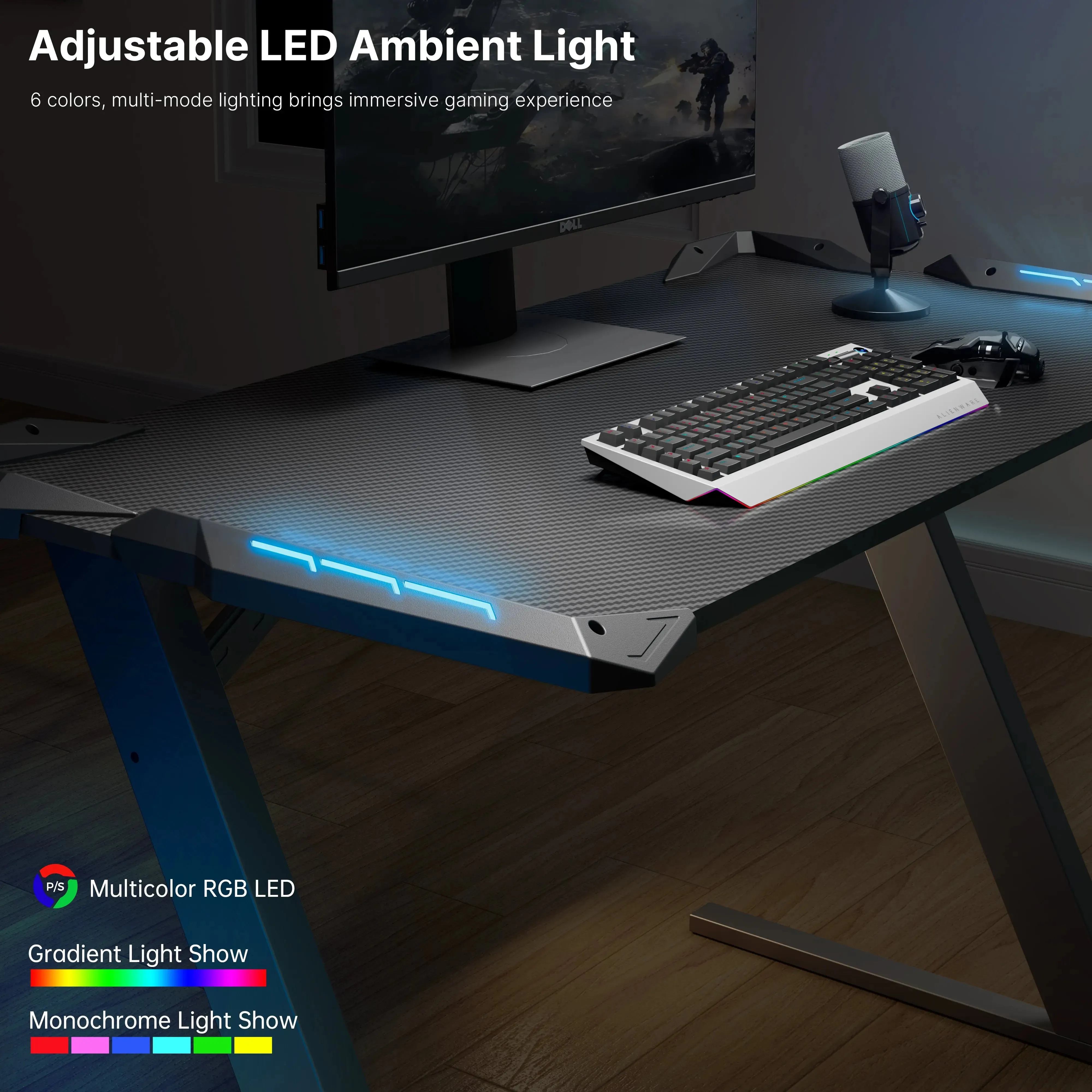 Gaming Desk with Z-Shaped Legs and RGB Lighting