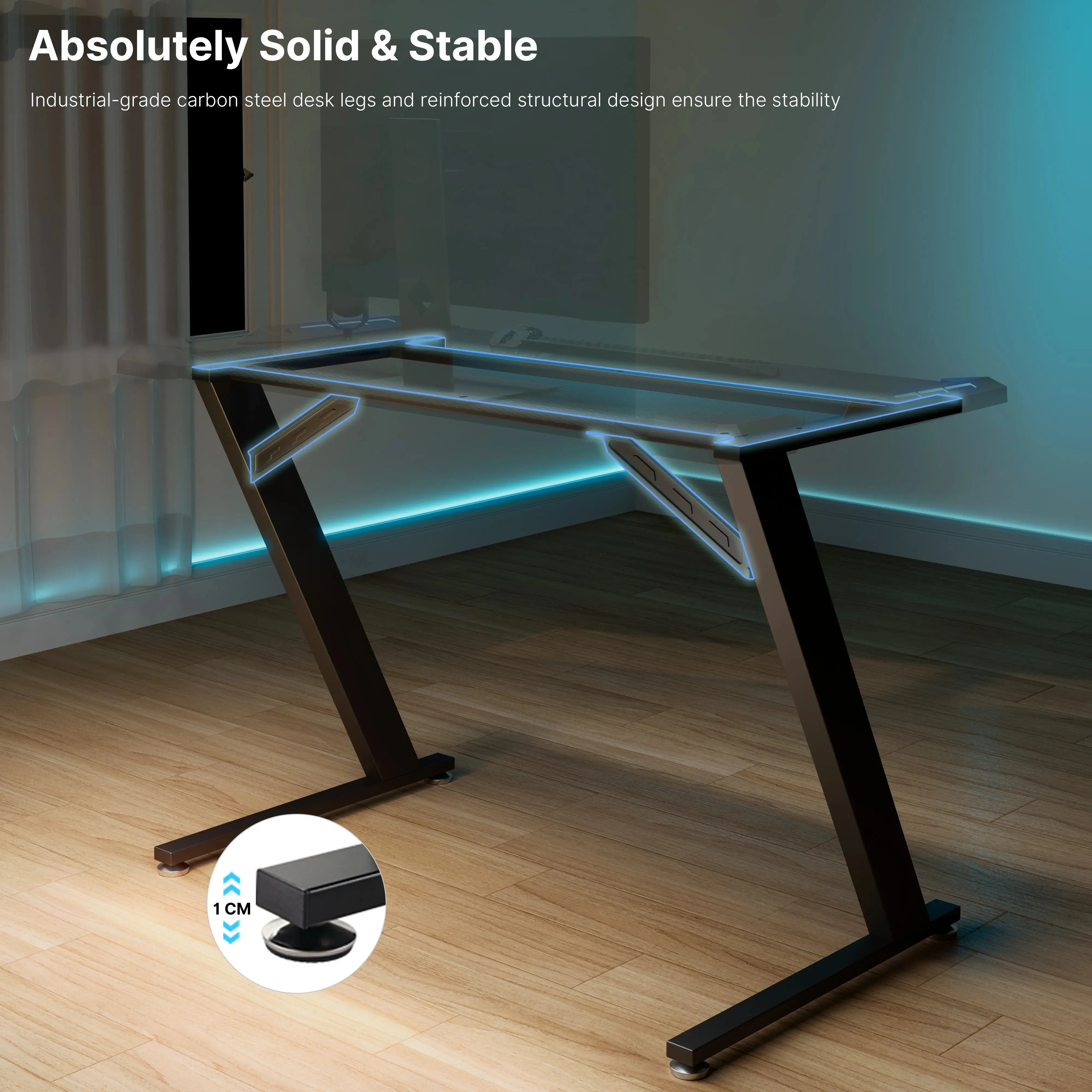 Gaming Desk with Z-Shaped Legs and RGB Lighting