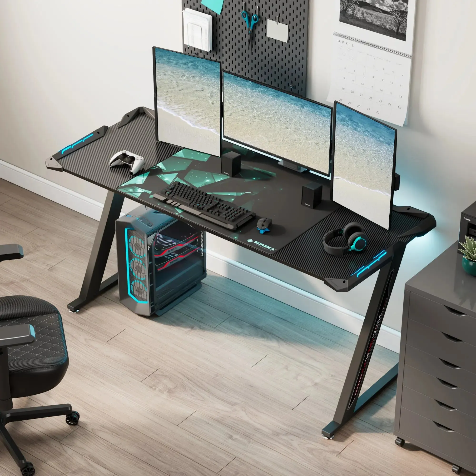 Gaming Desk with Z-Shaped Legs and RGB Lighting