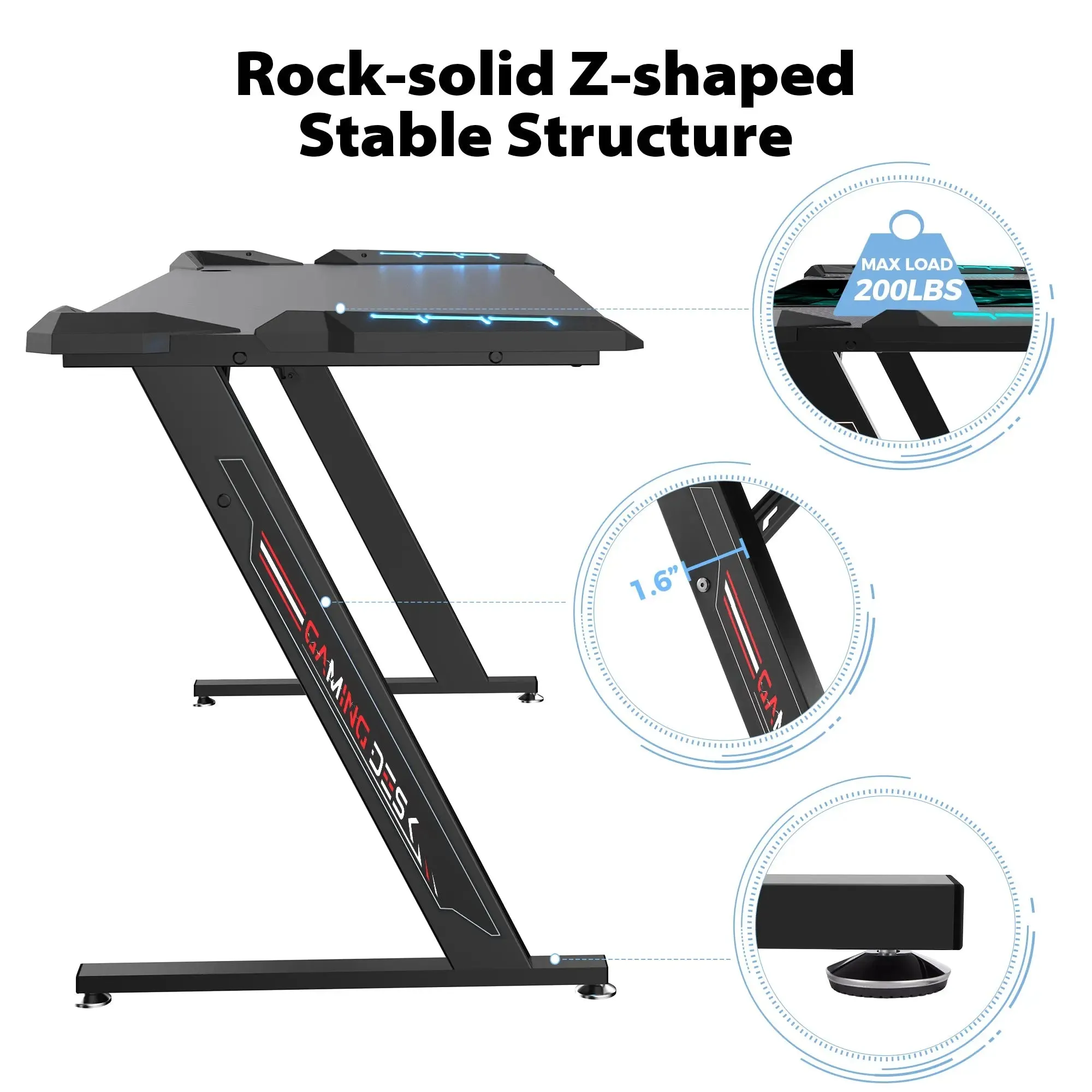 Gaming Desk with Z-Shaped Legs and RGB Lighting