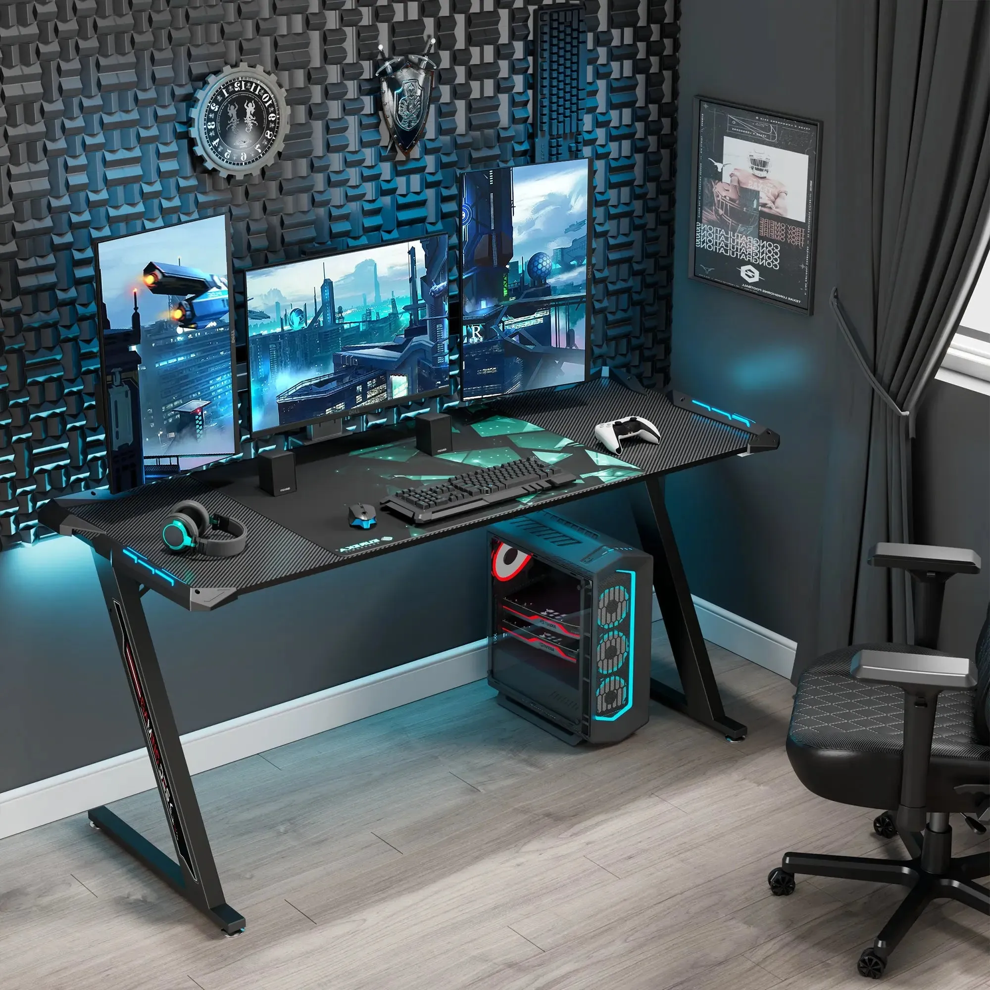 Gaming Desk with Z-Shaped Legs and RGB Lighting